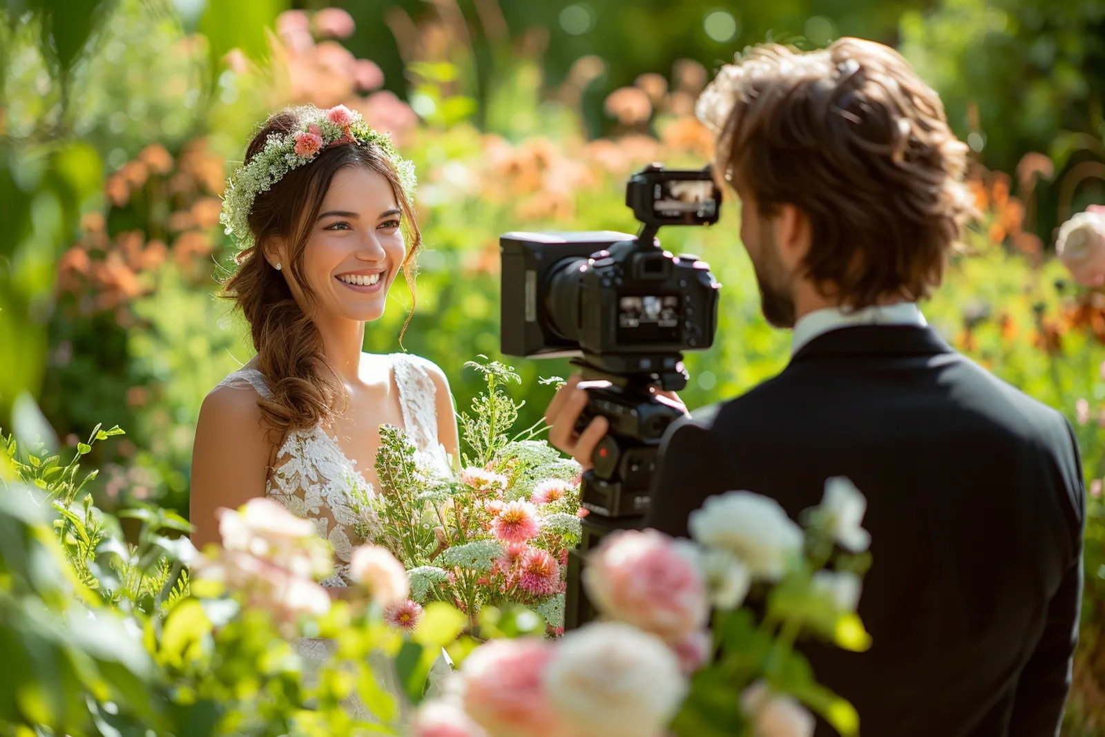 Un photographe de mariage dirige un couple en extérieur au moment de la lumière dorée, dans un cadre naturel élégant.