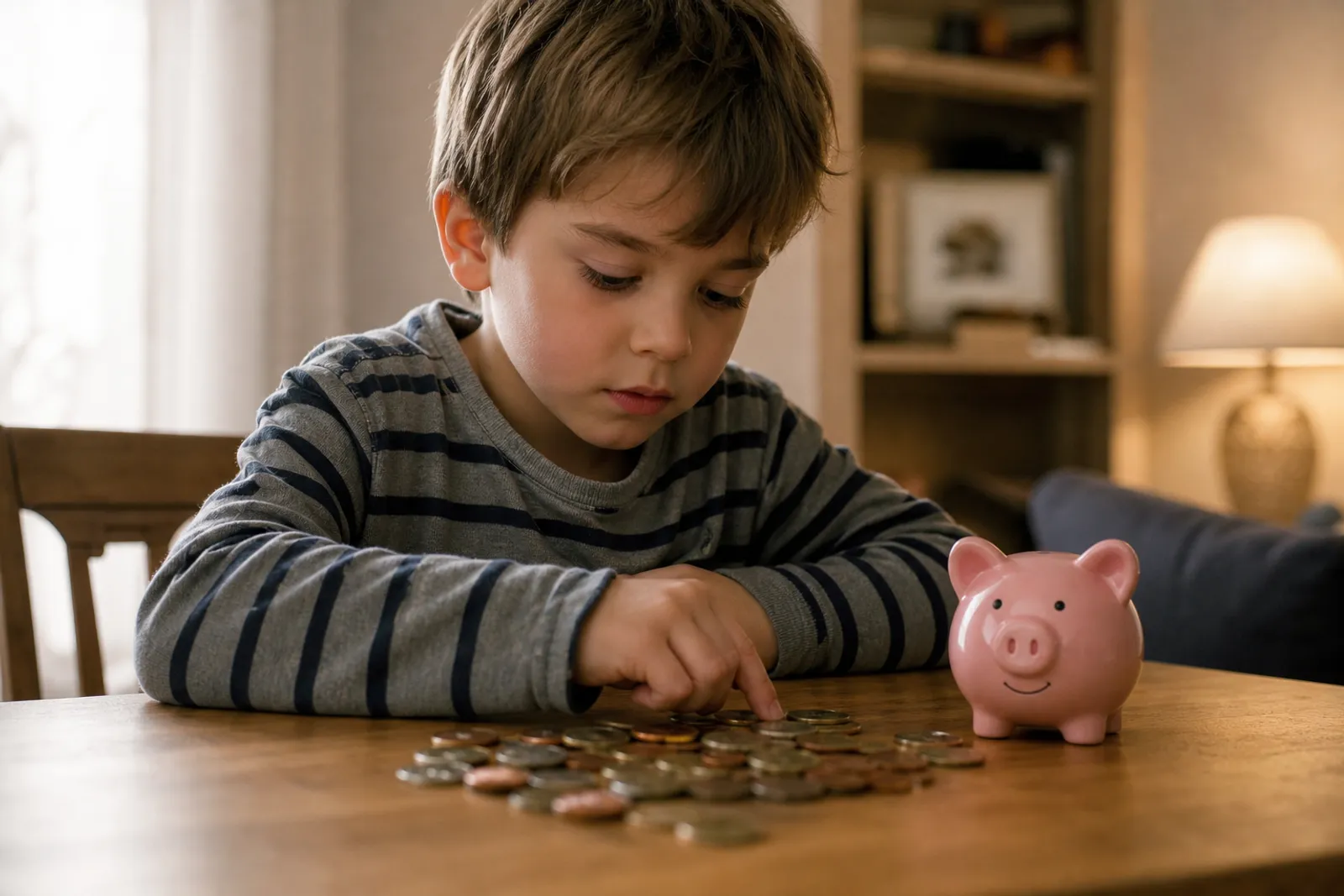 Un enfant compte des pièces de monnaie dans une petite tirelire posée sur une table, ambiance familiale chaleureuse.