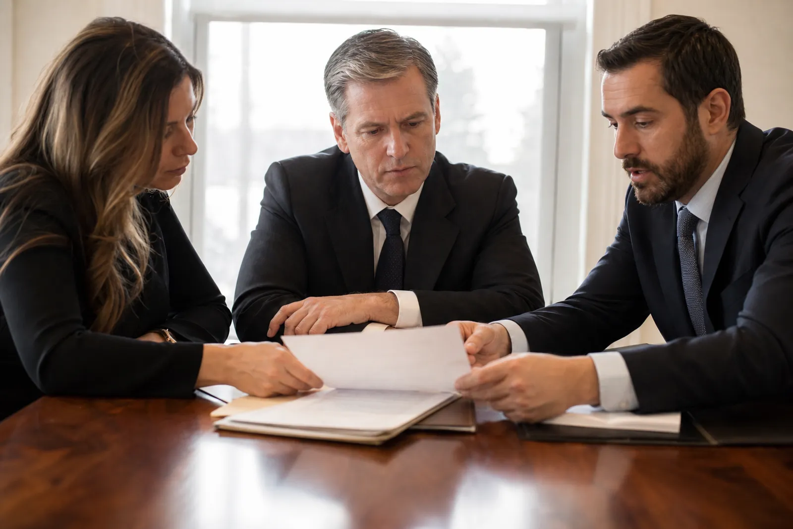 Un groupe de personnes consulte des documents juridiques ensemble autour d'une table dans une salle lumineuse.