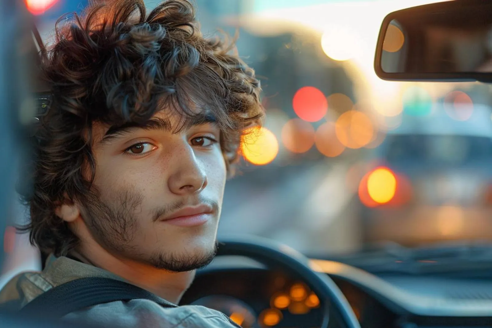 Un jeune conducteur consulte un devis d’assurance auto dans sa voiture, avec des documents à la main.
