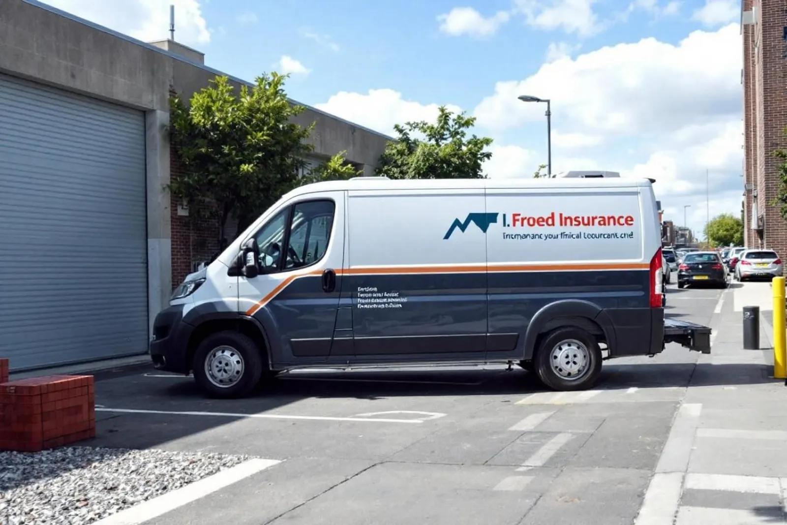 Un fourgon utilitaire et un camion de déménagement stationnés en ville, avec un conducteur tenant des documents d’assurance.