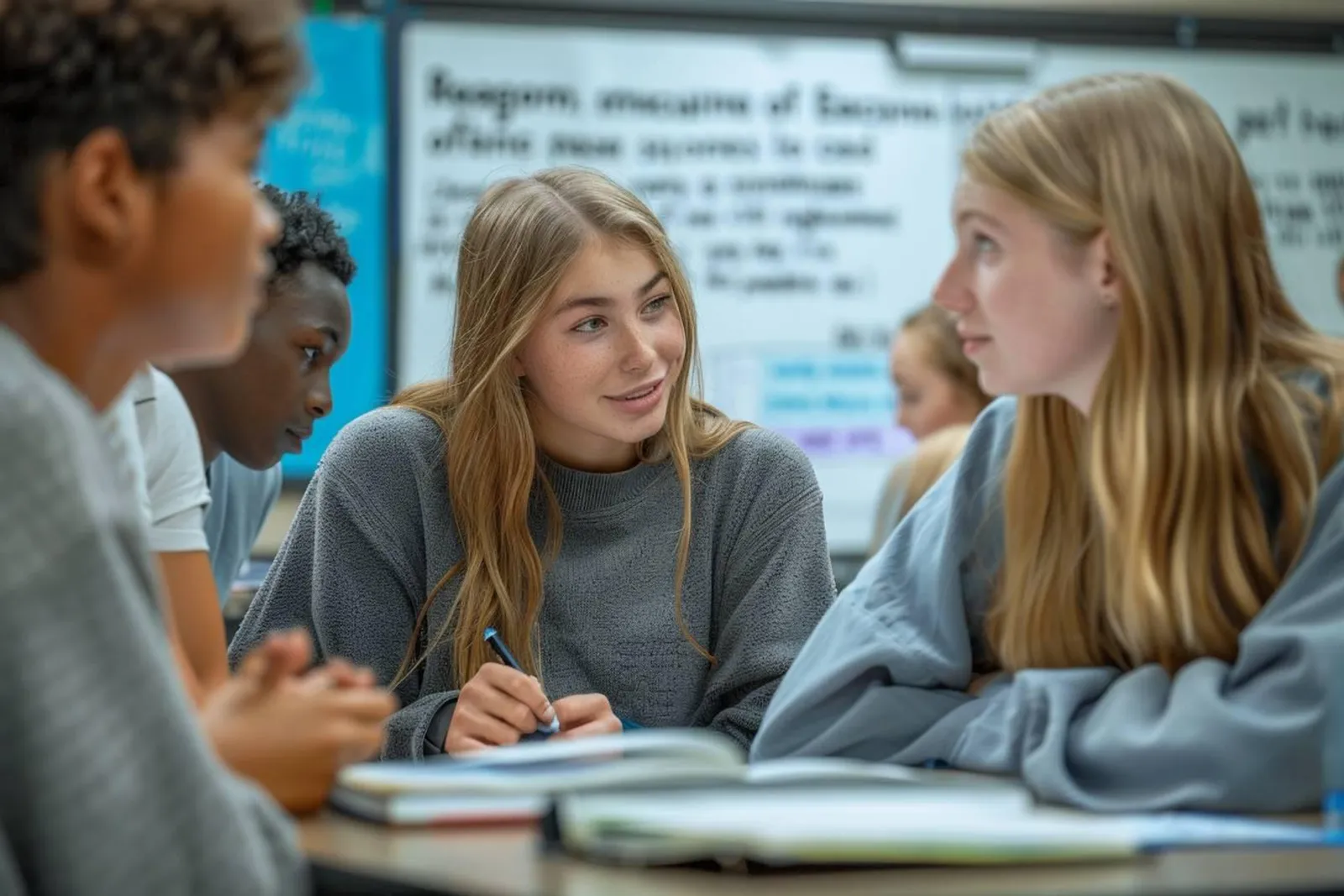 Une enseignante observe des travaux d’élèves dans une salle de classe, illustrant l’ajustement pédagogique et la régulation des apprentissages.