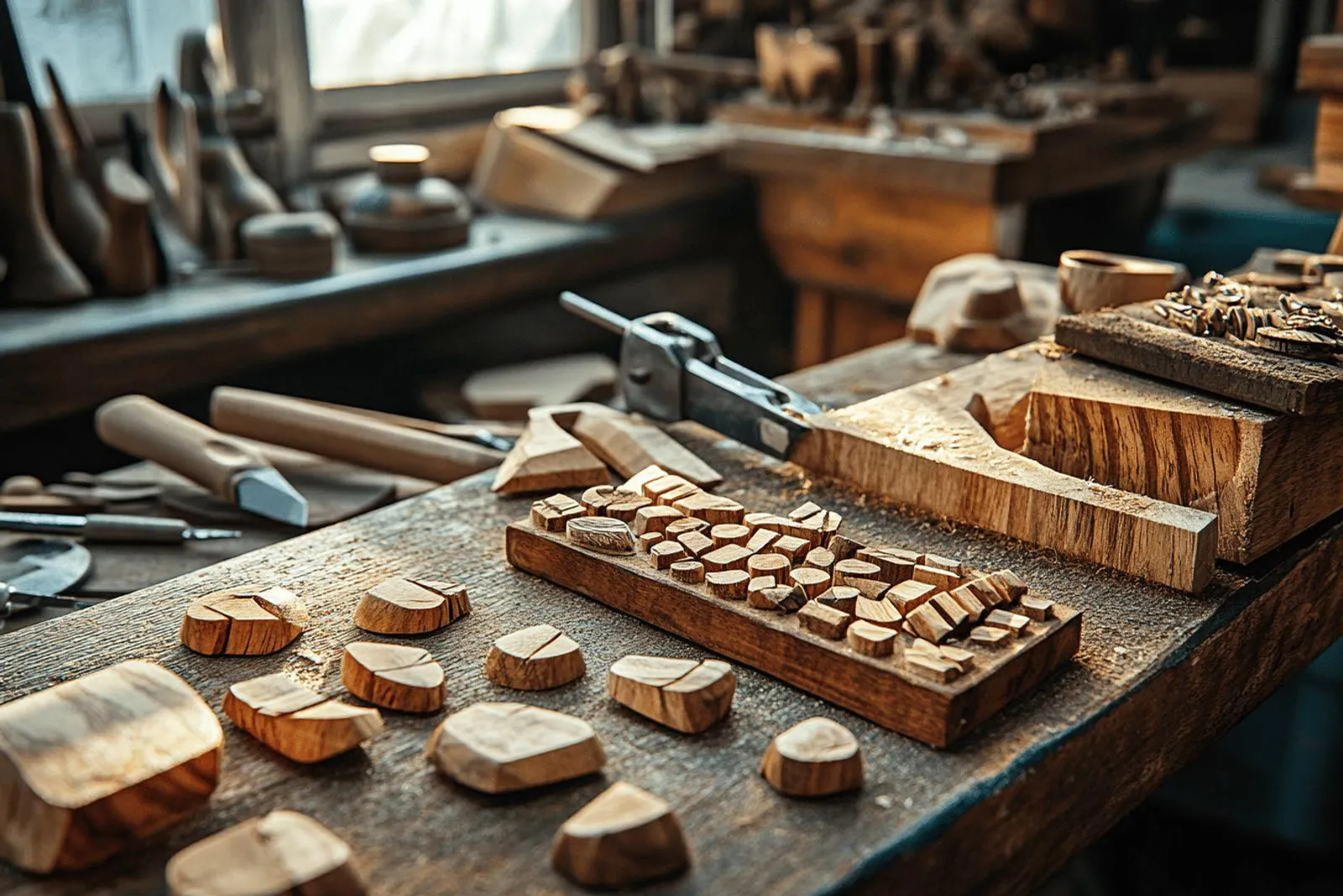 Un atelier d’artisan avec des bijoux en bois sur mesure, des outils de précision et des essences de bois mises en valeur par la lumière naturelle.