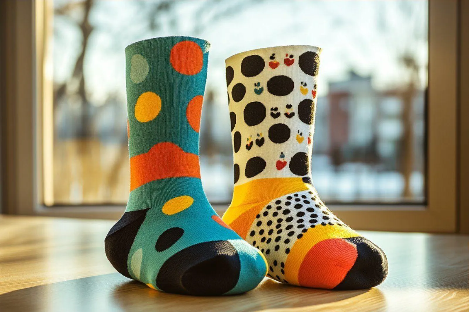 Une paire de chaussettes colorées et amusantes présentée comme un cadeau, avec un emballage soigné sur une table lumineuse.