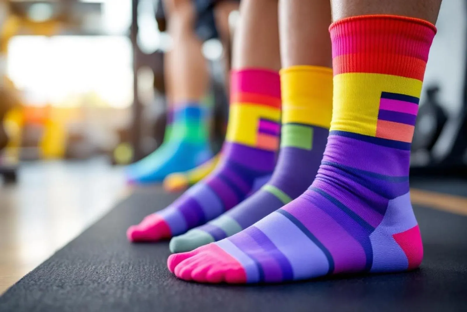 Un coureur en tenue de sport enfile des chaussettes compressives après l’entraînement, sur un banc de stade.