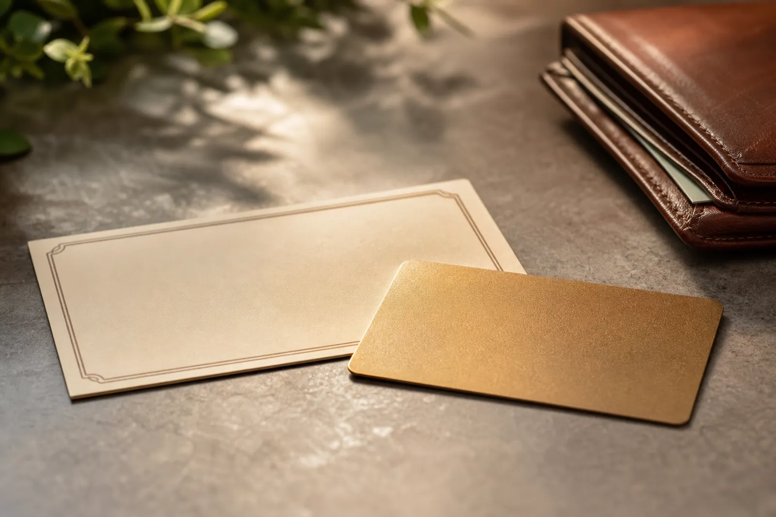 Une carte cadeau et un chèque cadeau posés sur une table à côté d'un porte-monnaie.