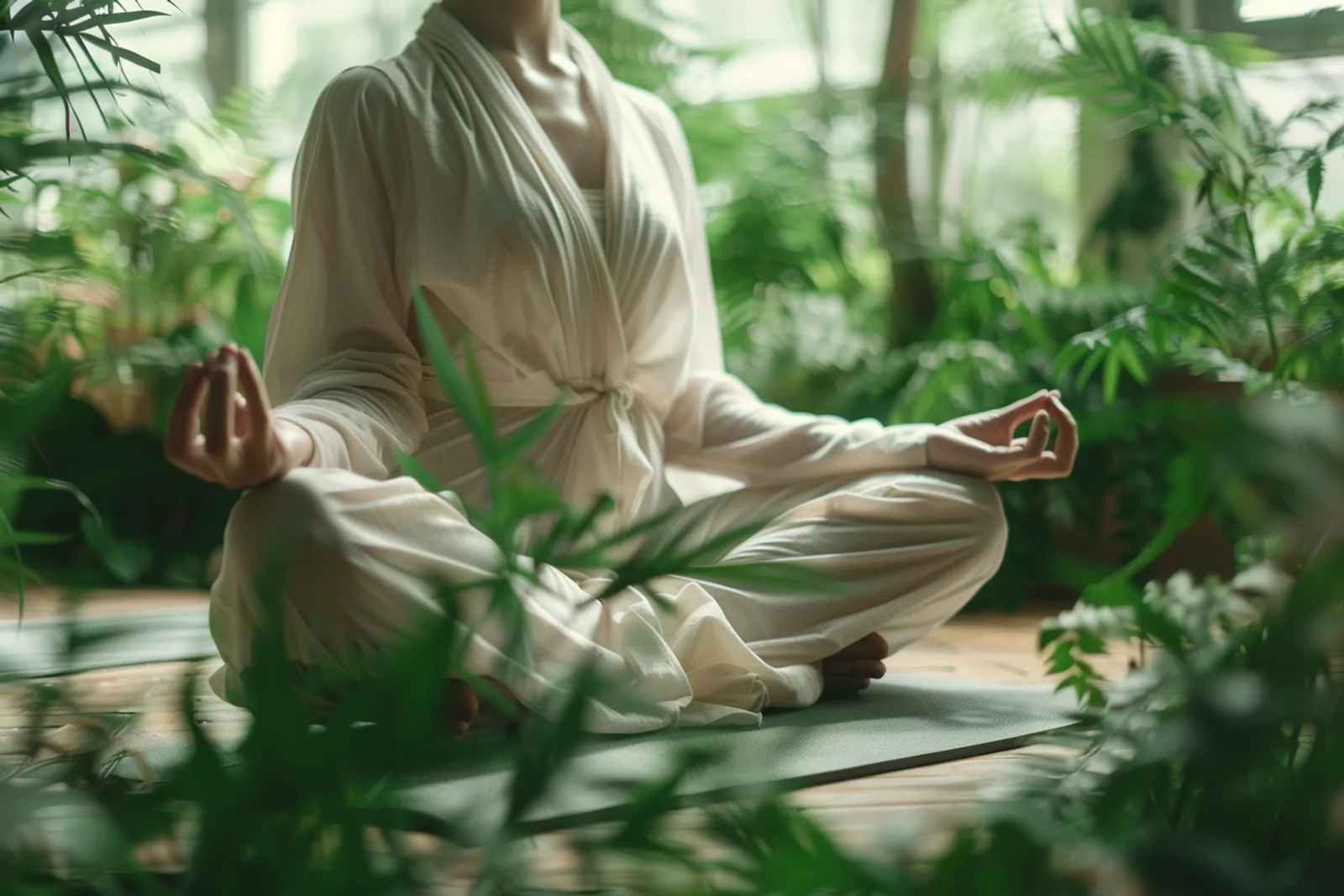 Une pratiquante de yoga ajuste sa tenue dans un studio lumineux avant une séance.