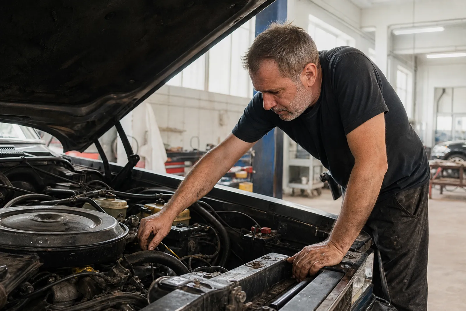 Un mécanicien examine le moteur d'une voiture ancienne dans un garage lumineux et propre.