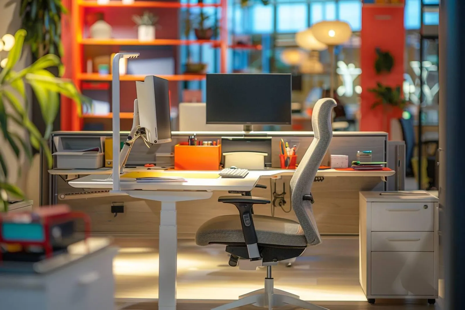 Un bureau de travail ergonomique et bien rangé avec écran à hauteur des yeux, clavier externe et chaise réglée correctement.