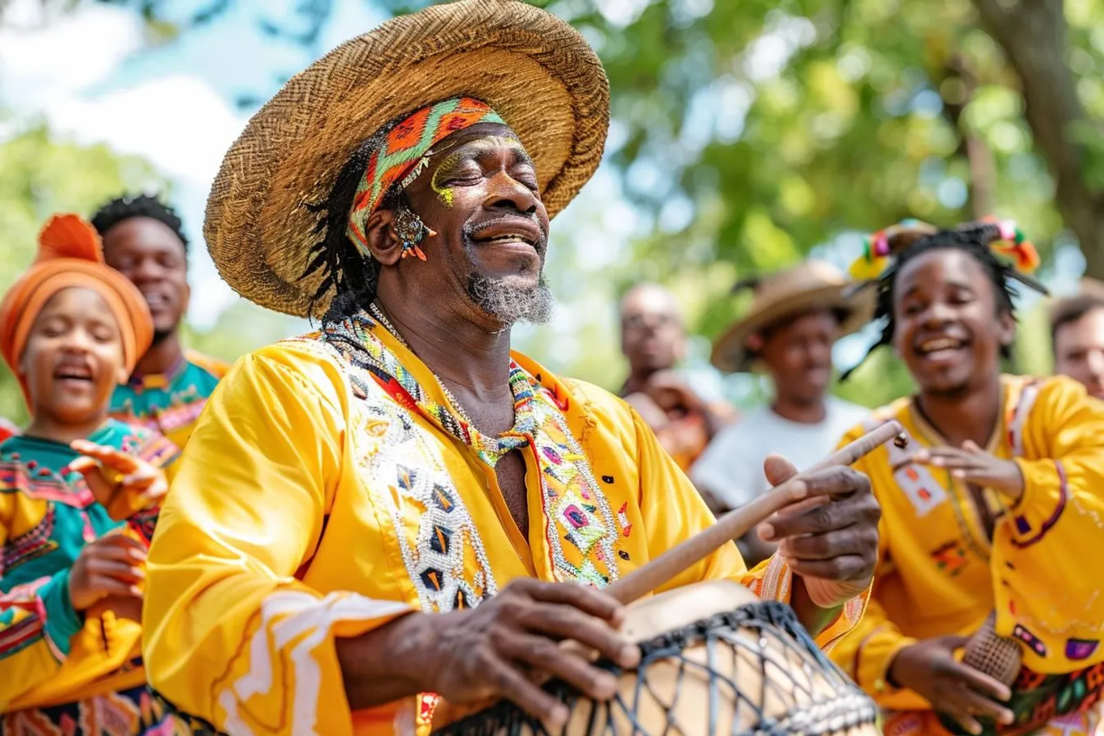 Un musicien joue du berimbau pendant qu’une roda de capoeira se déroule dans une ambiance culturelle chaleureuse.