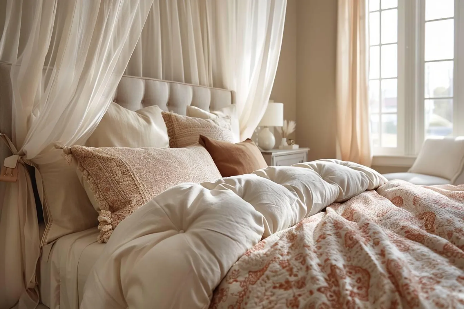 Une chambre élégante avec une literie coordonnée à un ciel de lit en tissu léger et des tons naturels apaisants.