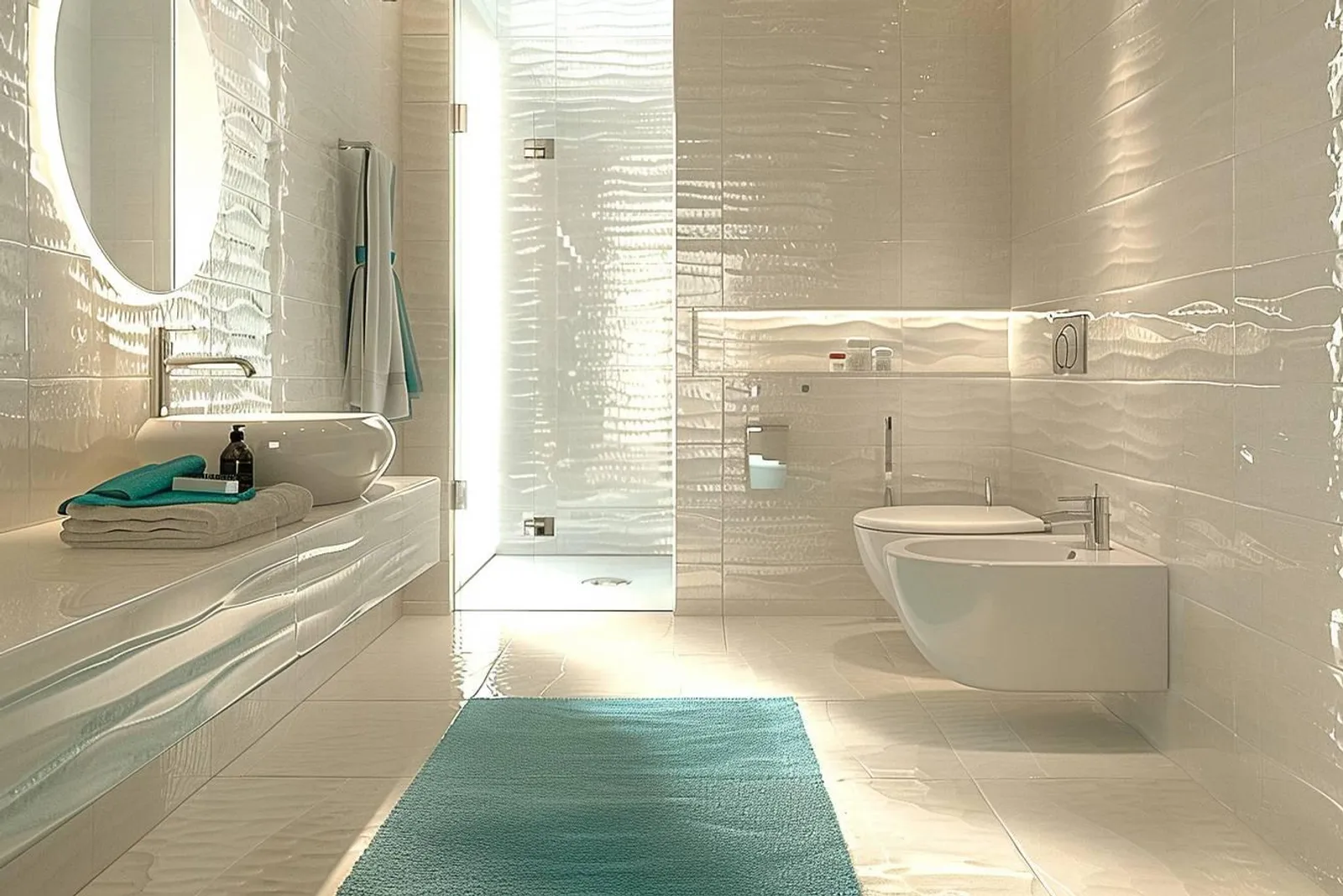 Intérieur de salle de bain moderne avec carrelage en céramique adapté à l’humidité, posé sur murs et sol.