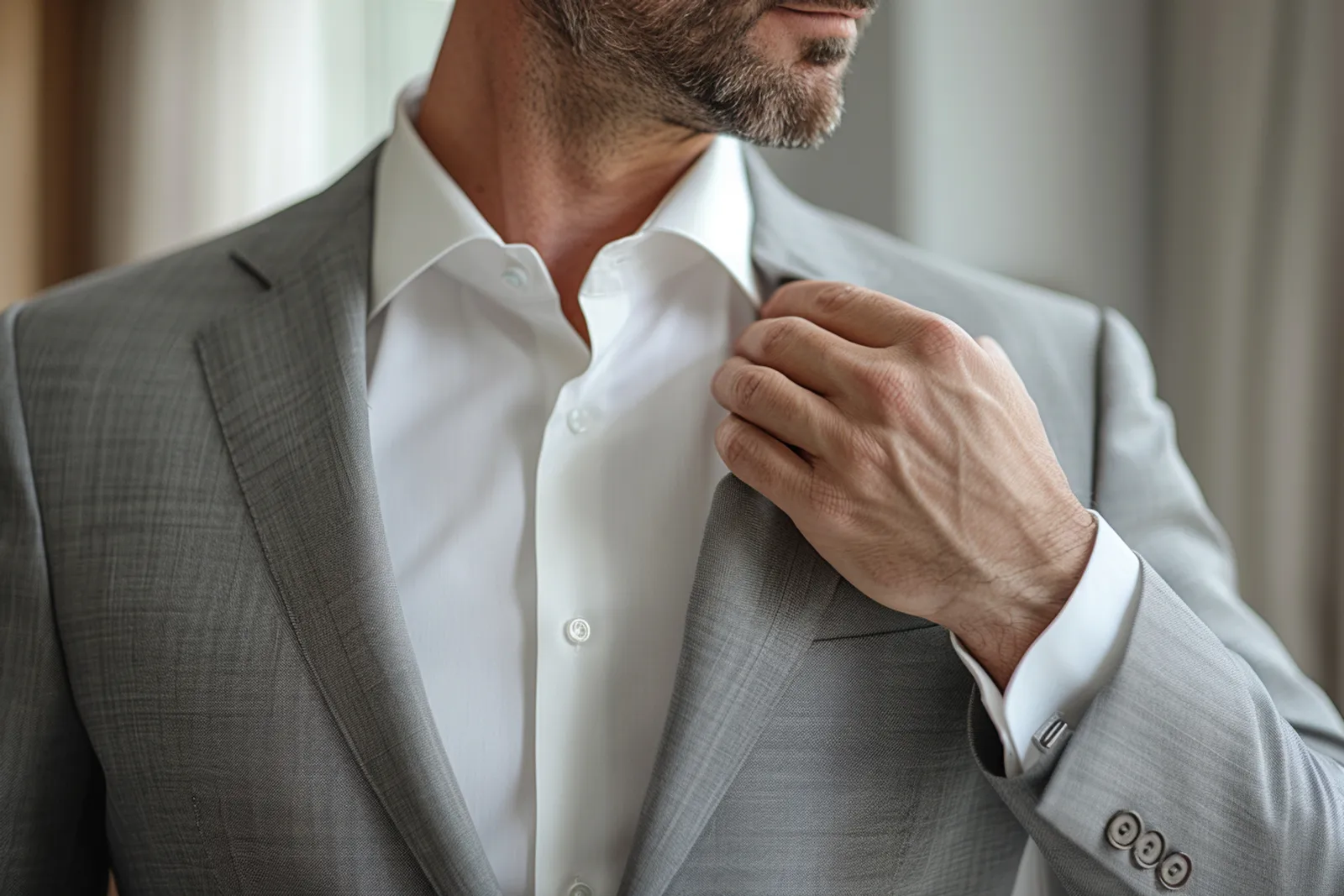 Un homme en costume gris porte une chemise élégante dans un intérieur lumineux et raffiné.