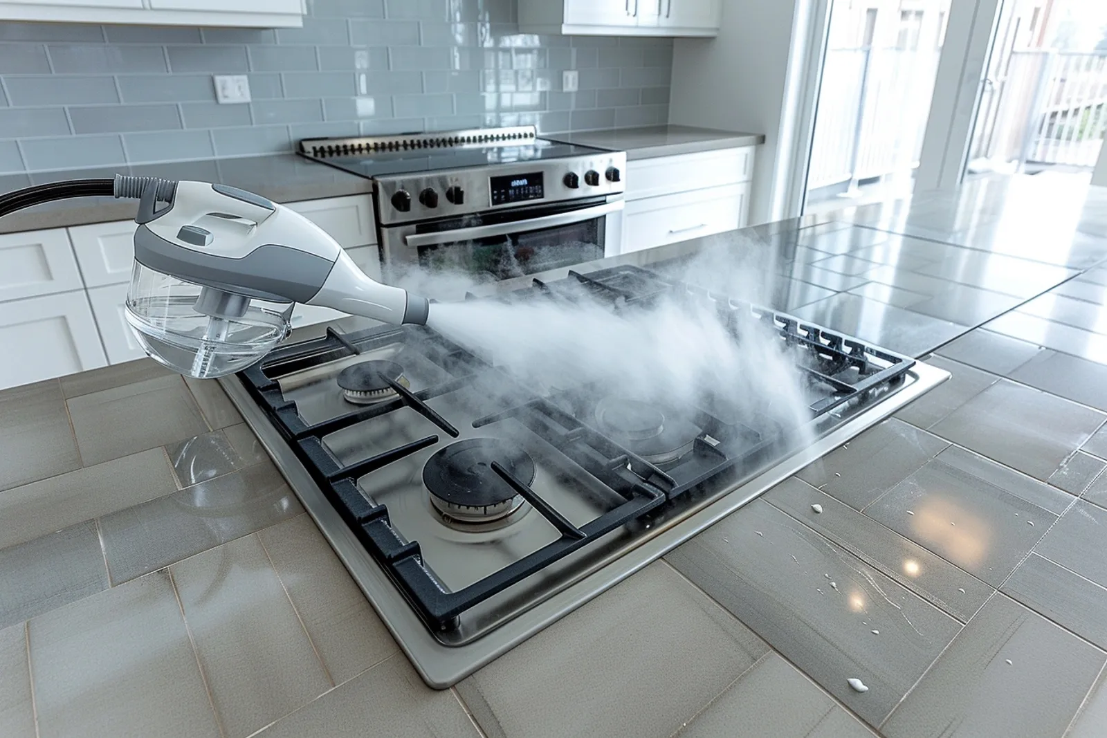 Une personne compare un nettoyeur vapeur et ses accessoires dans un intérieur lumineux et moderne.