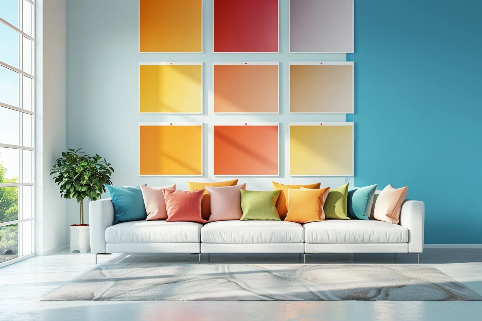 Un salon moderne aux tons neutres relevé par des touches de vert et de terracotta, avec mobilier en bois clair et lumière naturelle.