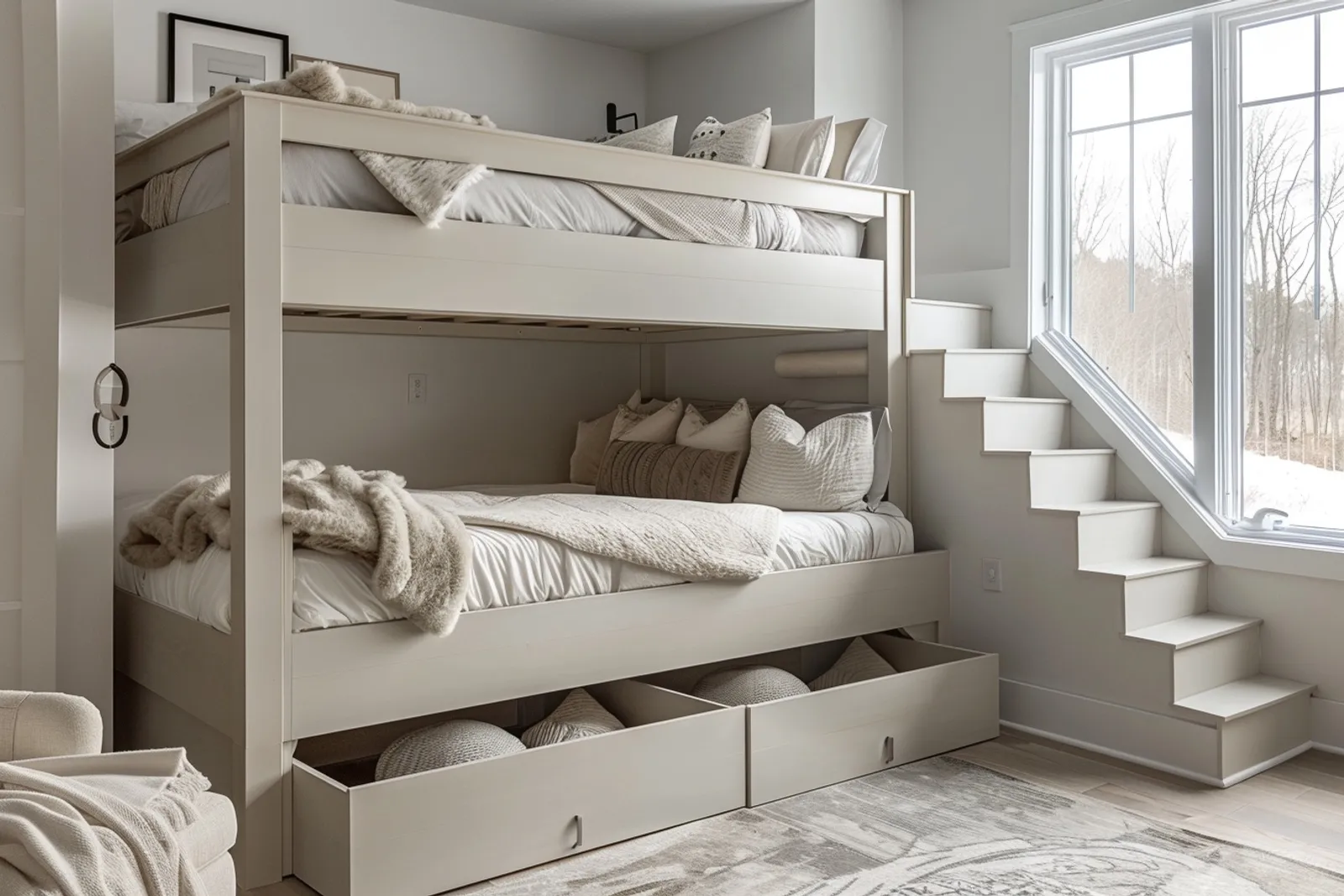 Une chambre compacte avec un lit mezzanine sur mesure au-dessus d’un espace bureau aménagé en dessous.