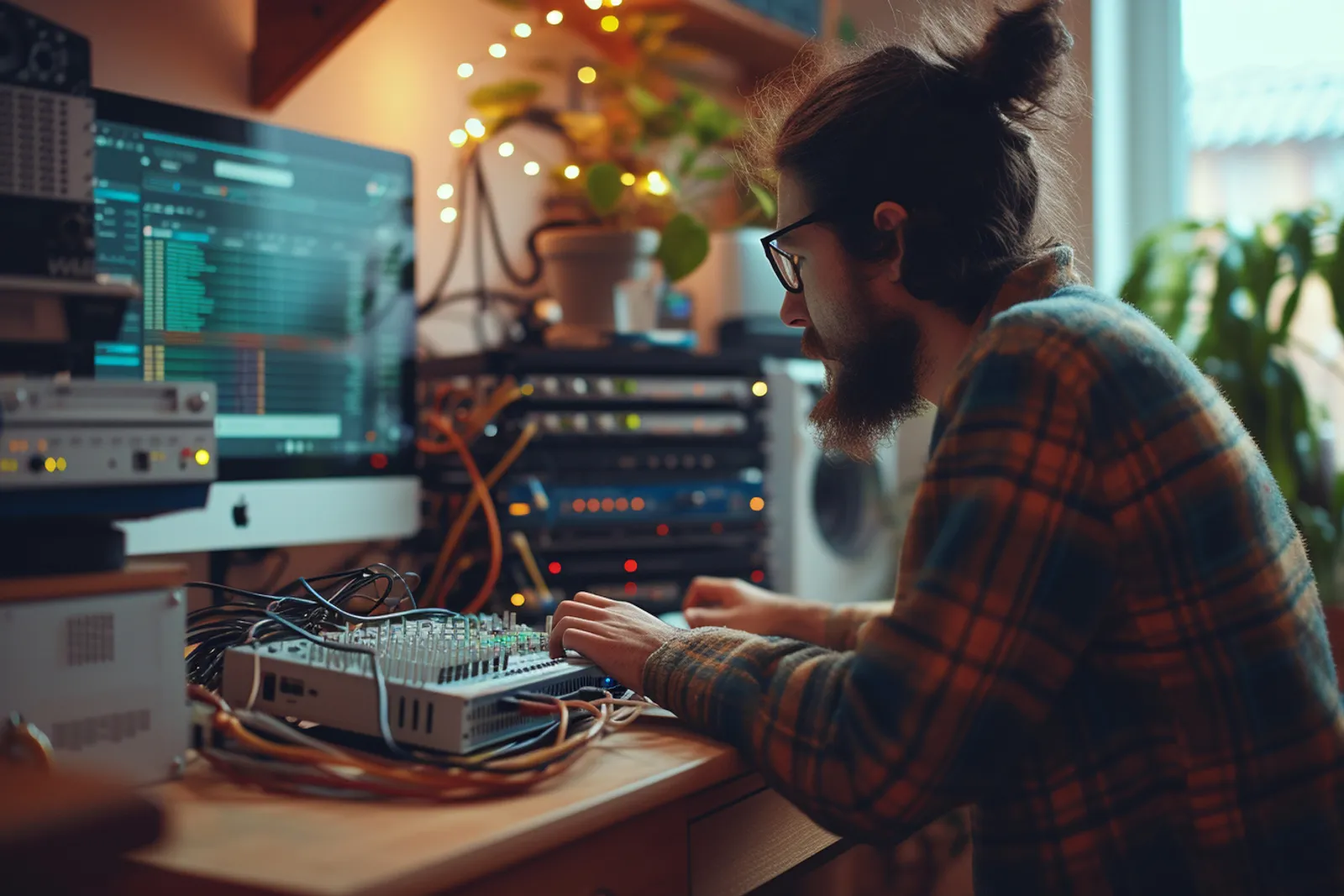 Une personne configure un routeur Wi‑Fi sur un bureau avec un ordinateur portable et des câbles réseau.