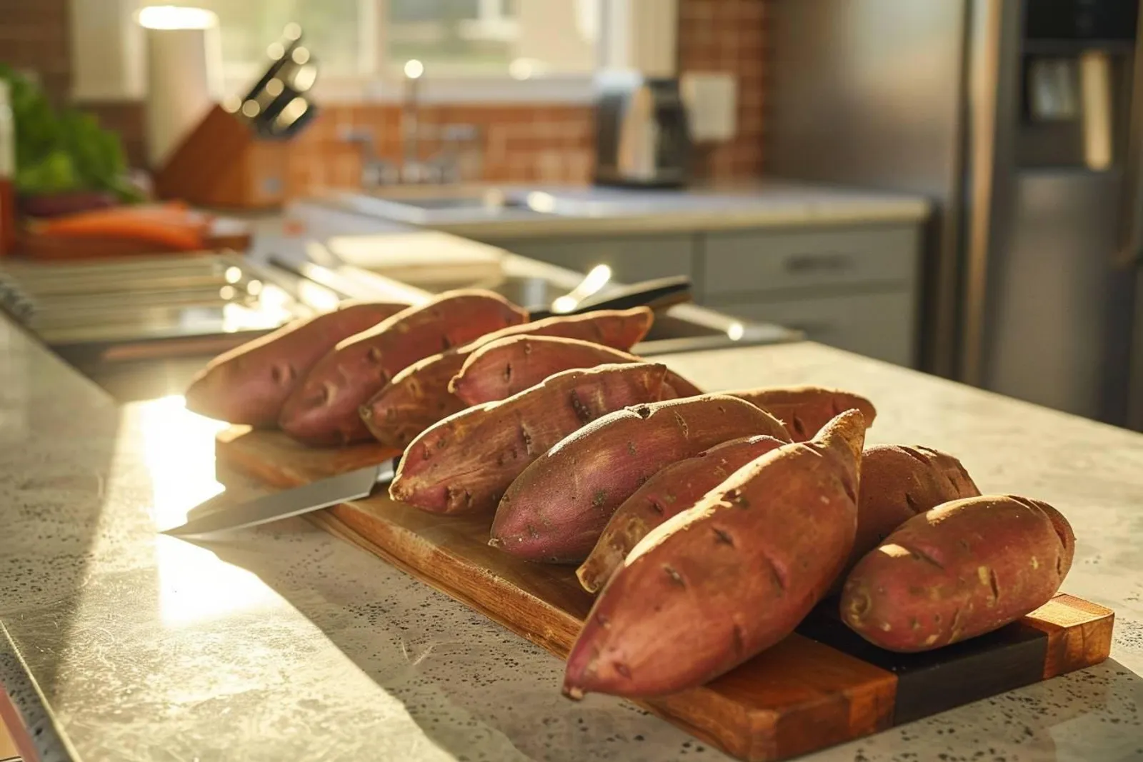 Des patates douces préparées en morceaux et en portions prêtes à être congelées dans une cuisine domestique lumineuse.