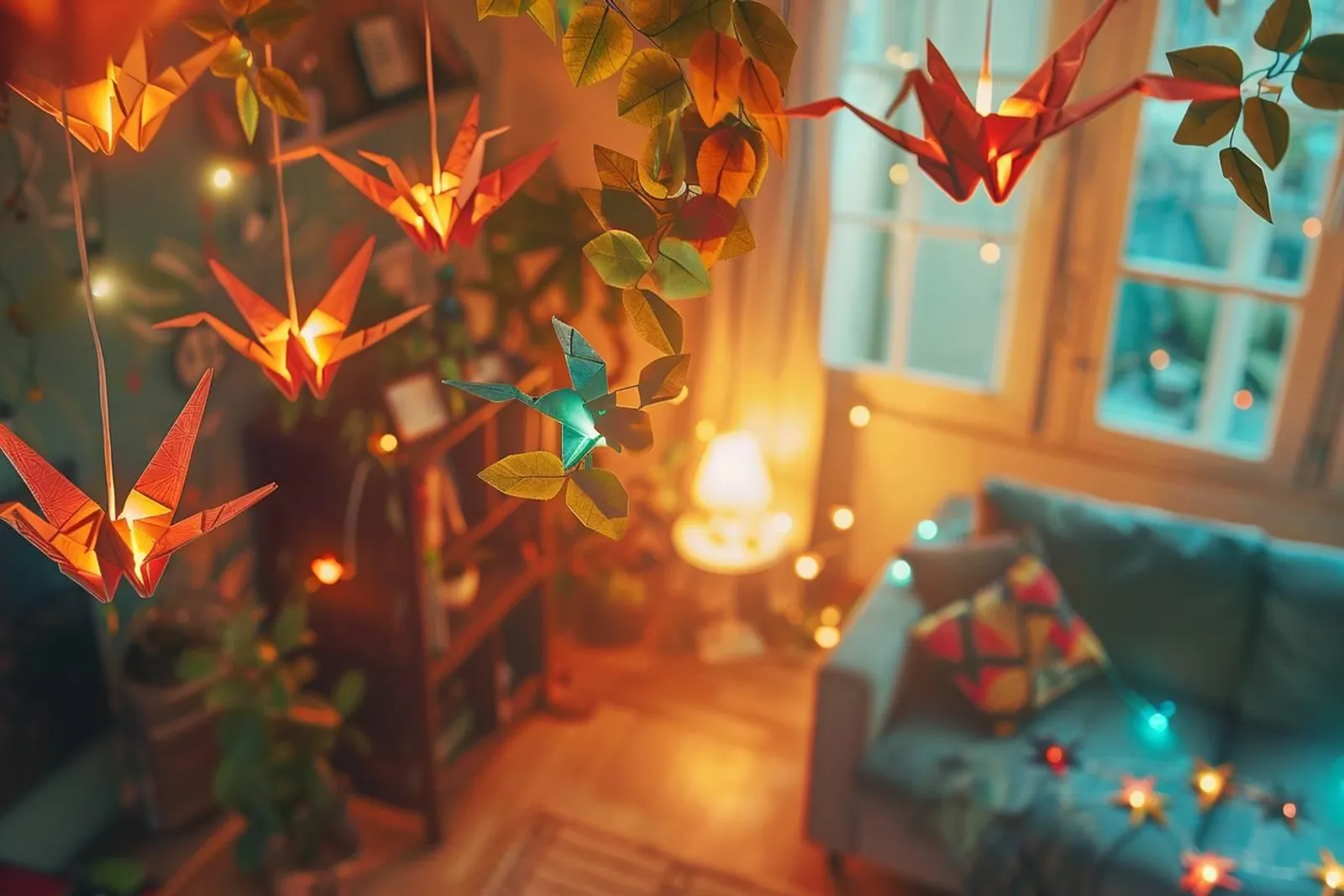 Une guirlande lumineuse en origami posée dans un intérieur chaleureux, avec des formes en papier délicatement éclairées par des LED.