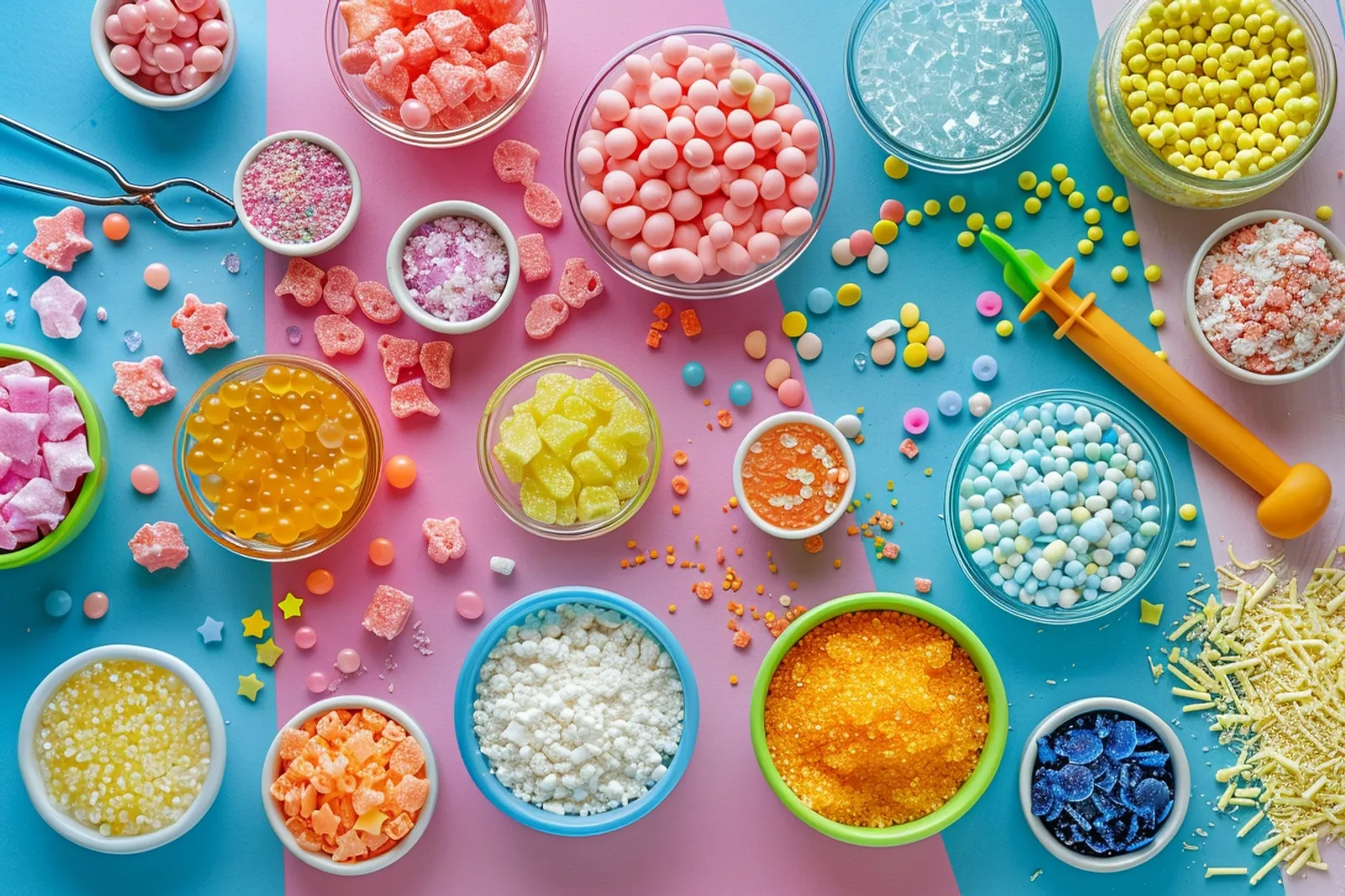 Des slimes colorés, des paillettes et un carnet de recettes sur une table de loisirs créatifs.