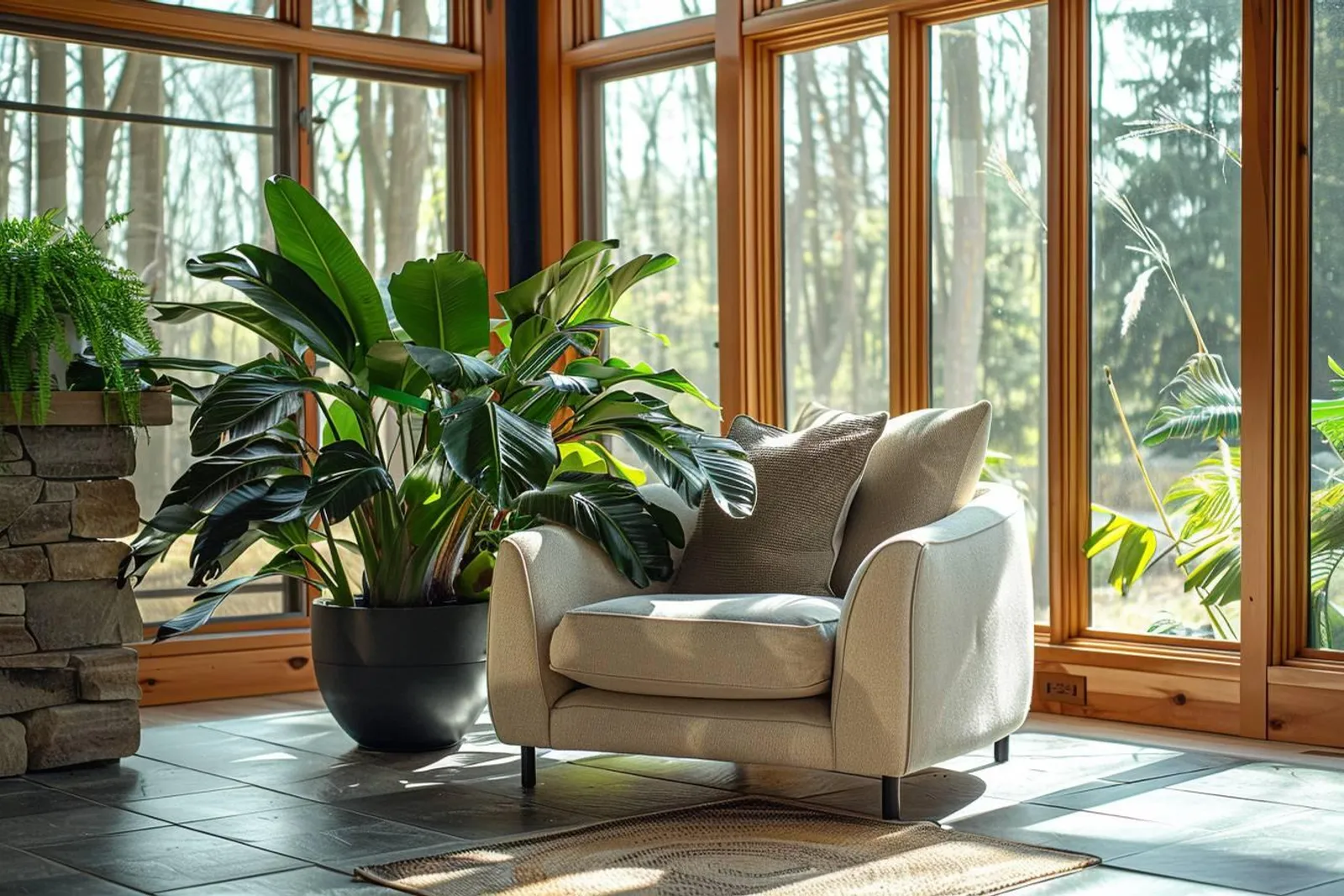 Un salon lumineux et apaisant avec des plantes, du bois clair et des matières naturelles, dans un esprit biophilique.