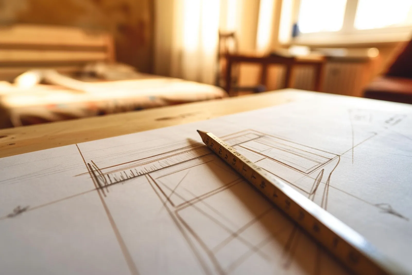 Un croquis de chambre en perspective sur un carnet, avec crayon et règle posés sur un bureau.