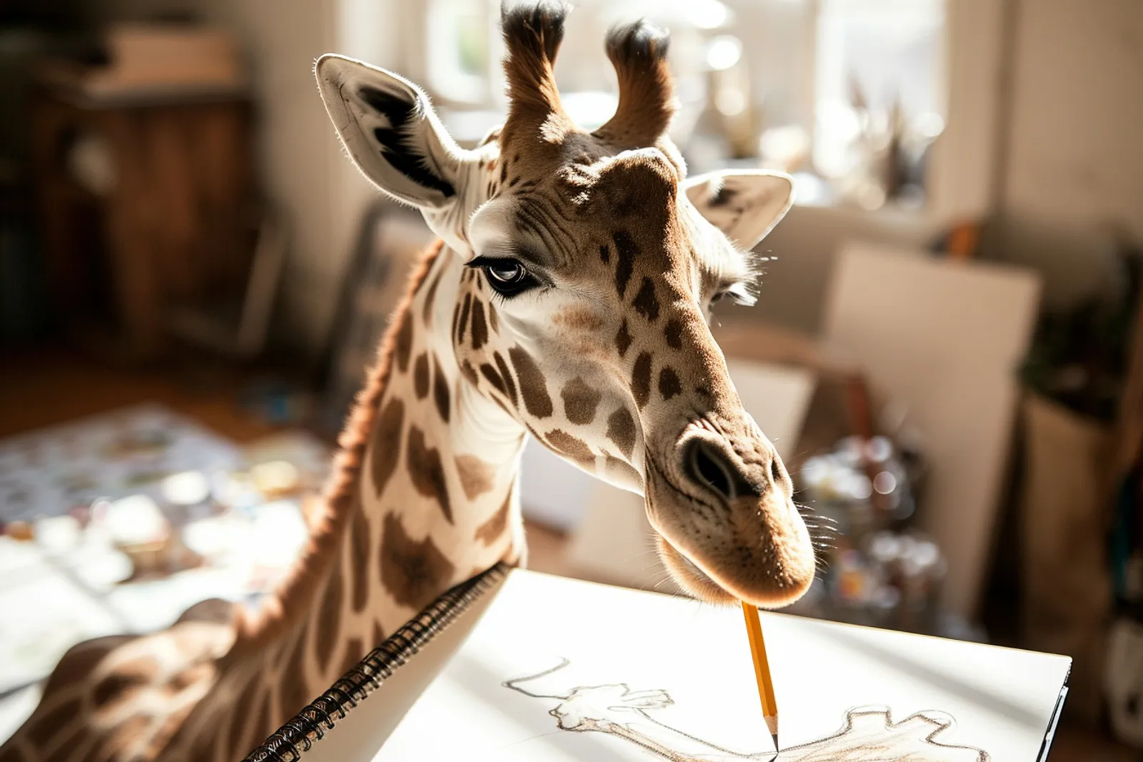 Une personne dessine une girafe dans un carnet, avec un crayon, une gomme et des crayons de couleur sur une table lumineuse.