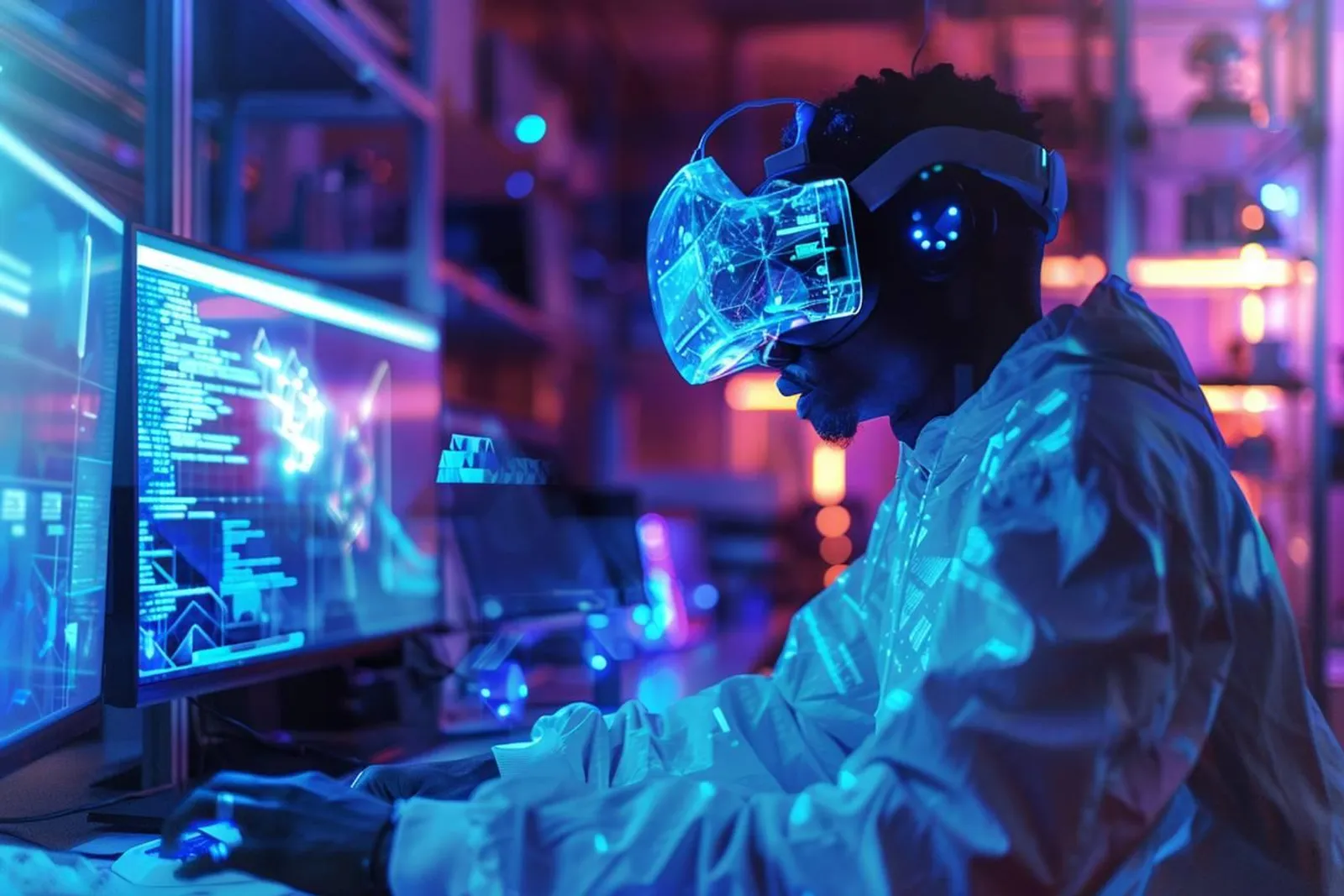 Une équipe de conception examine une interface 3D immersive dans un studio lumineux, avec un casque de réalité mixte et un écran de prototypage.