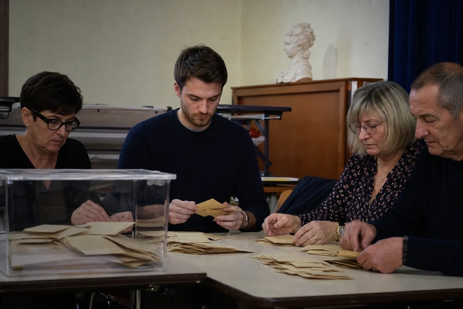 Des citoyens assis autour d'une table de dépouillement dans un bureau de vote, ambiance sobre et institutionnelle.
