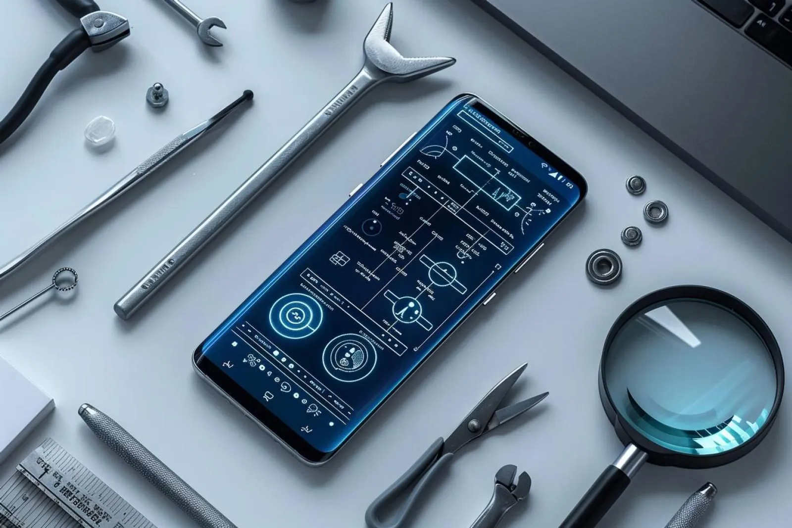 Une personne diagnostique une panne sur un téléphone Samsung sur un bureau, avec l’écran de test affiché et des accessoires de charge à proximité.