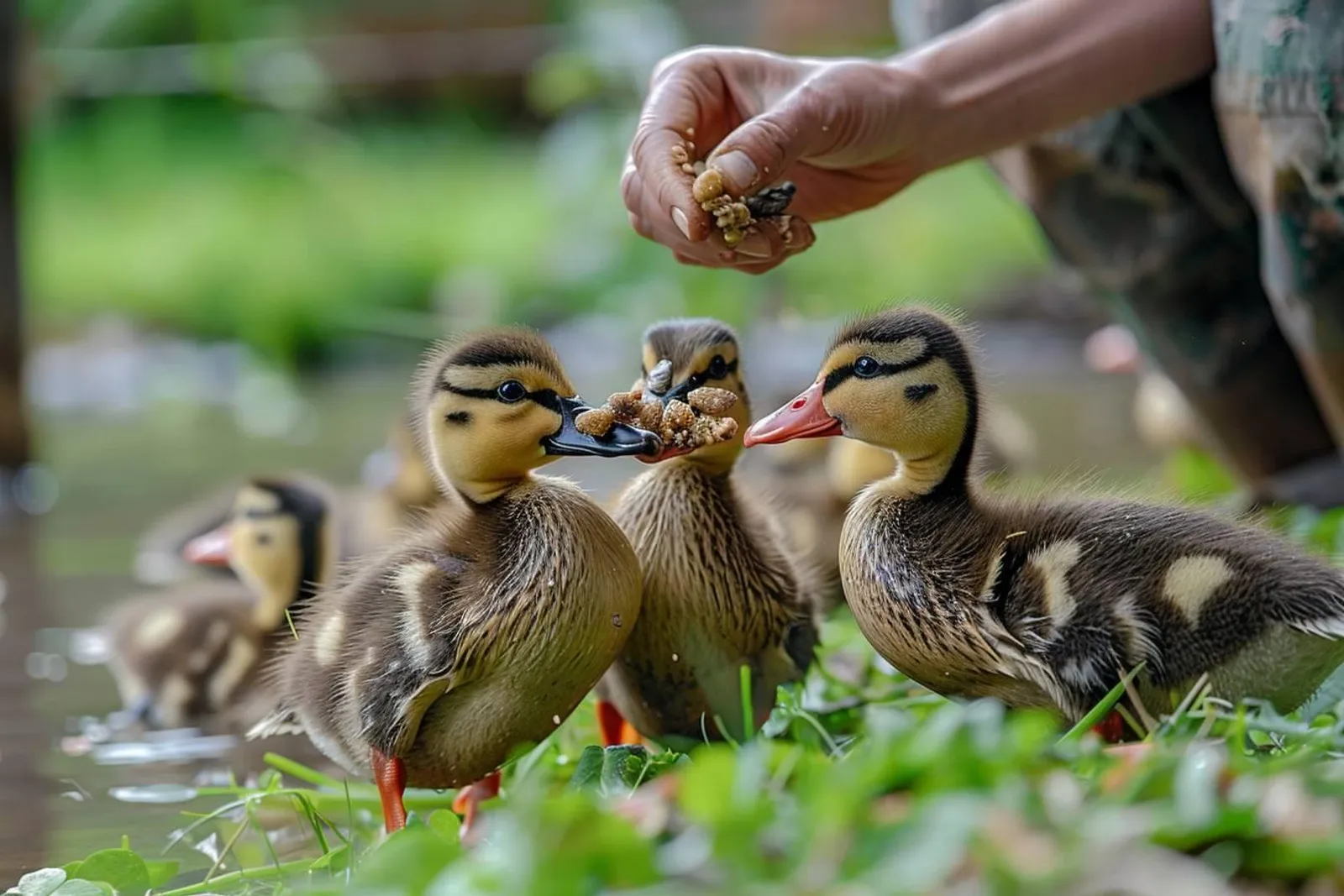 Des canards élevés en plein air sur une ferme calme, avec un éleveur observant les animaux dans un environnement propre et spacieux.