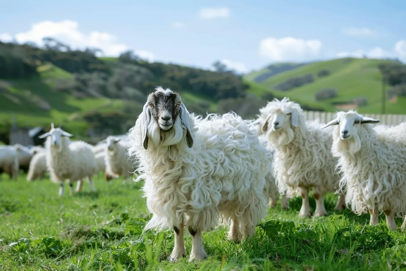 Deux chèvres angora dans un enclos propre, avec un éleveur qui inspecte leur toison au lever du jour.