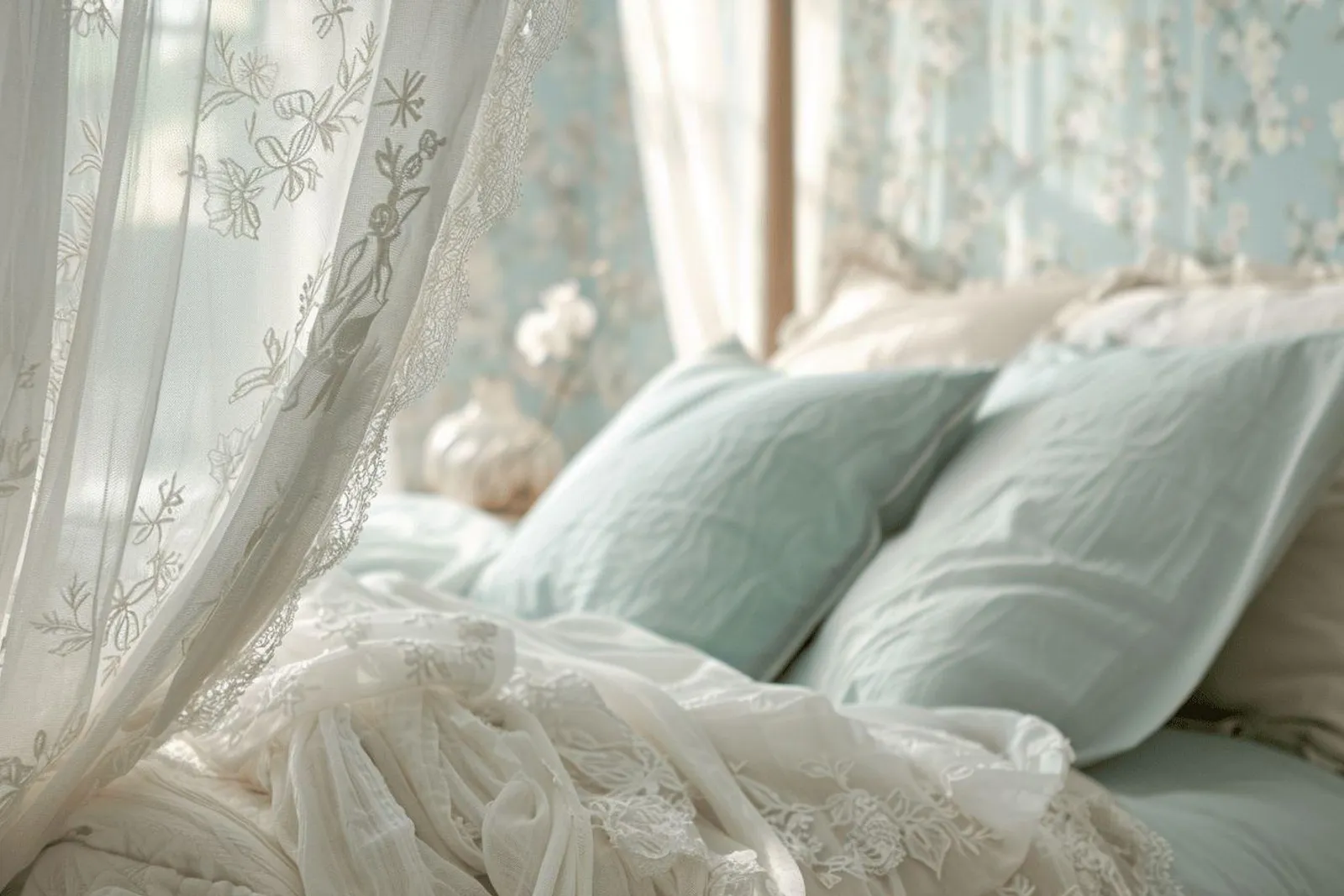 Une chambre d’enfant lumineuse avec un ciel de lit en tissu délicatement dépoussiéré à la main.