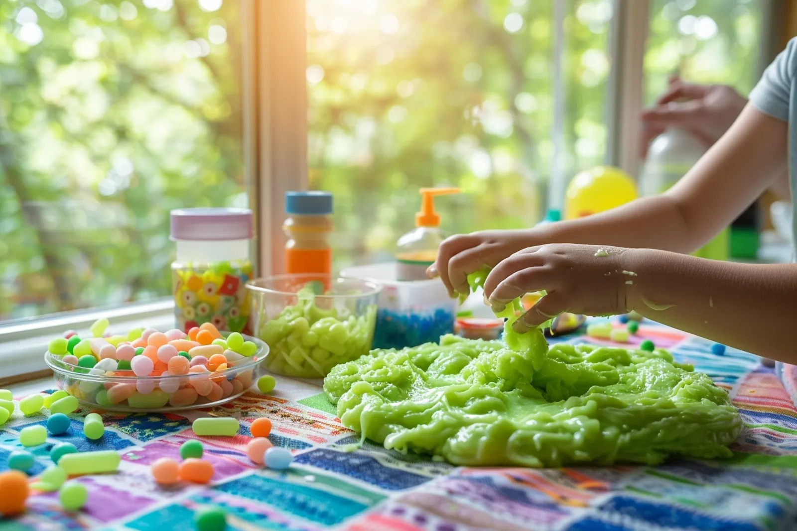 Un adulte et un enfant préparent du slime naturel sur une table de cuisine avec des ingrédients simples et colorés.