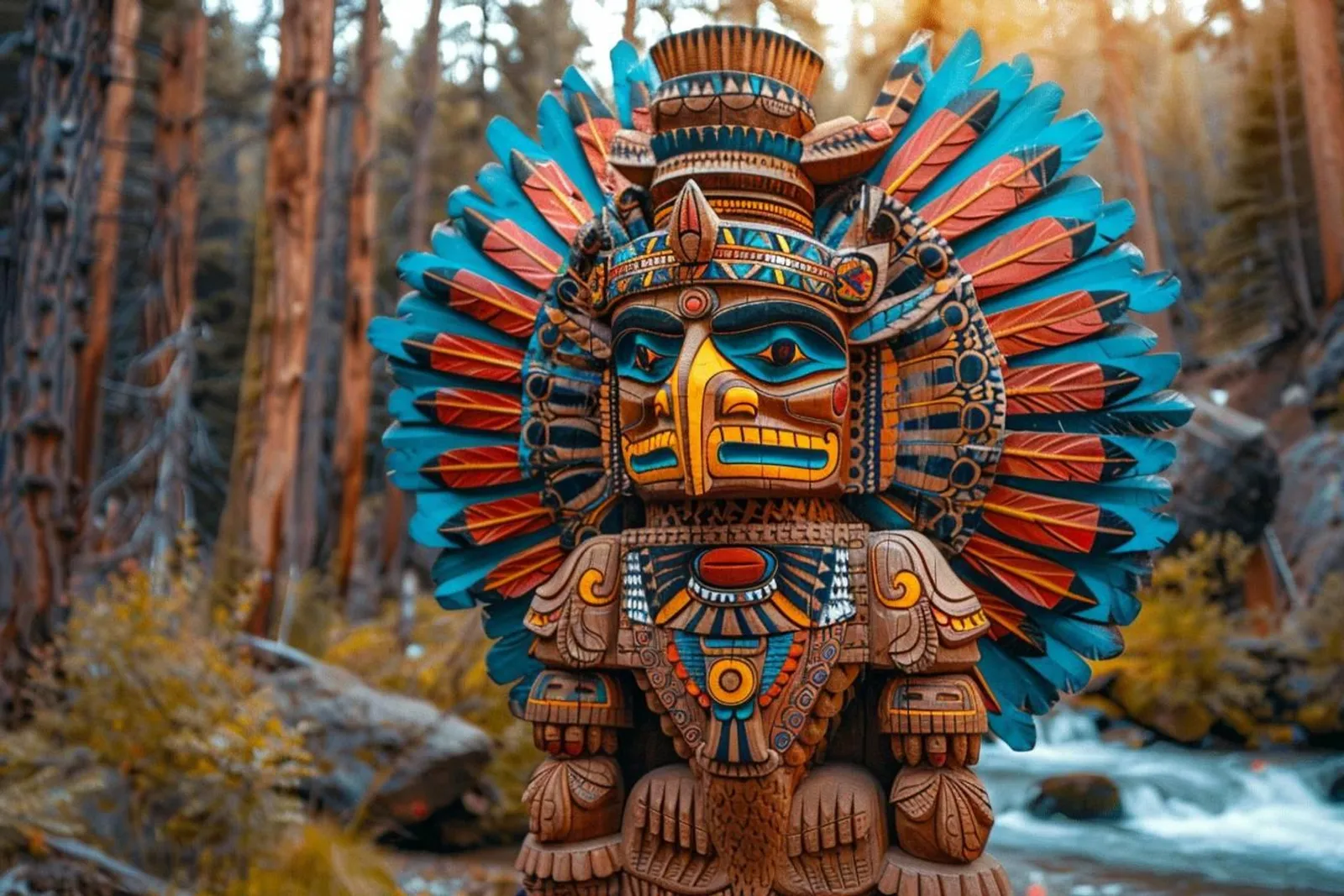 Un totem en bois artisanal posé sur un établi, avec des outils de sculpture et une lumière naturelle douce.