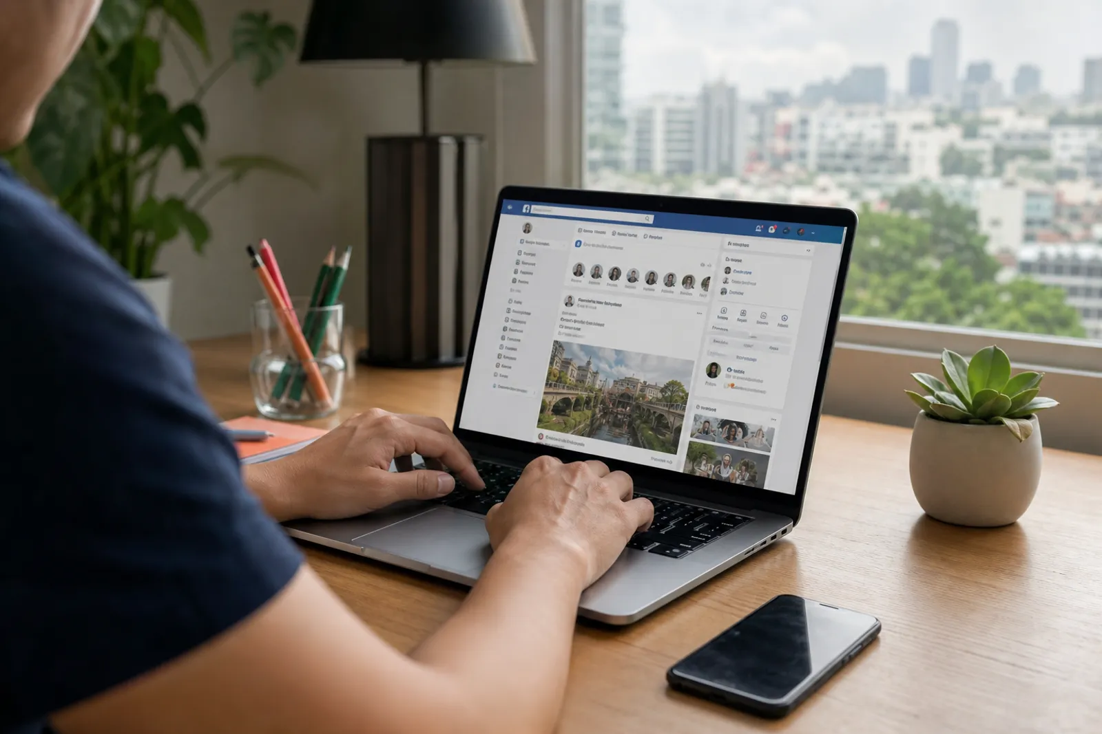 Une personne utilise Facebook sur un ordinateur portable pour rechercher des contacts liés à une ville.