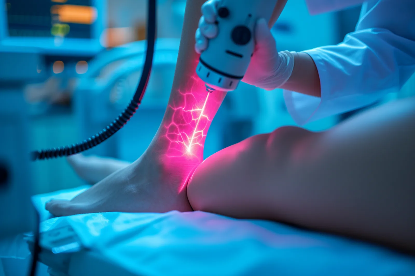 Un médecin examine la jambe d’une patiente en consultation pour des varices, dans un cabinet lumineux.