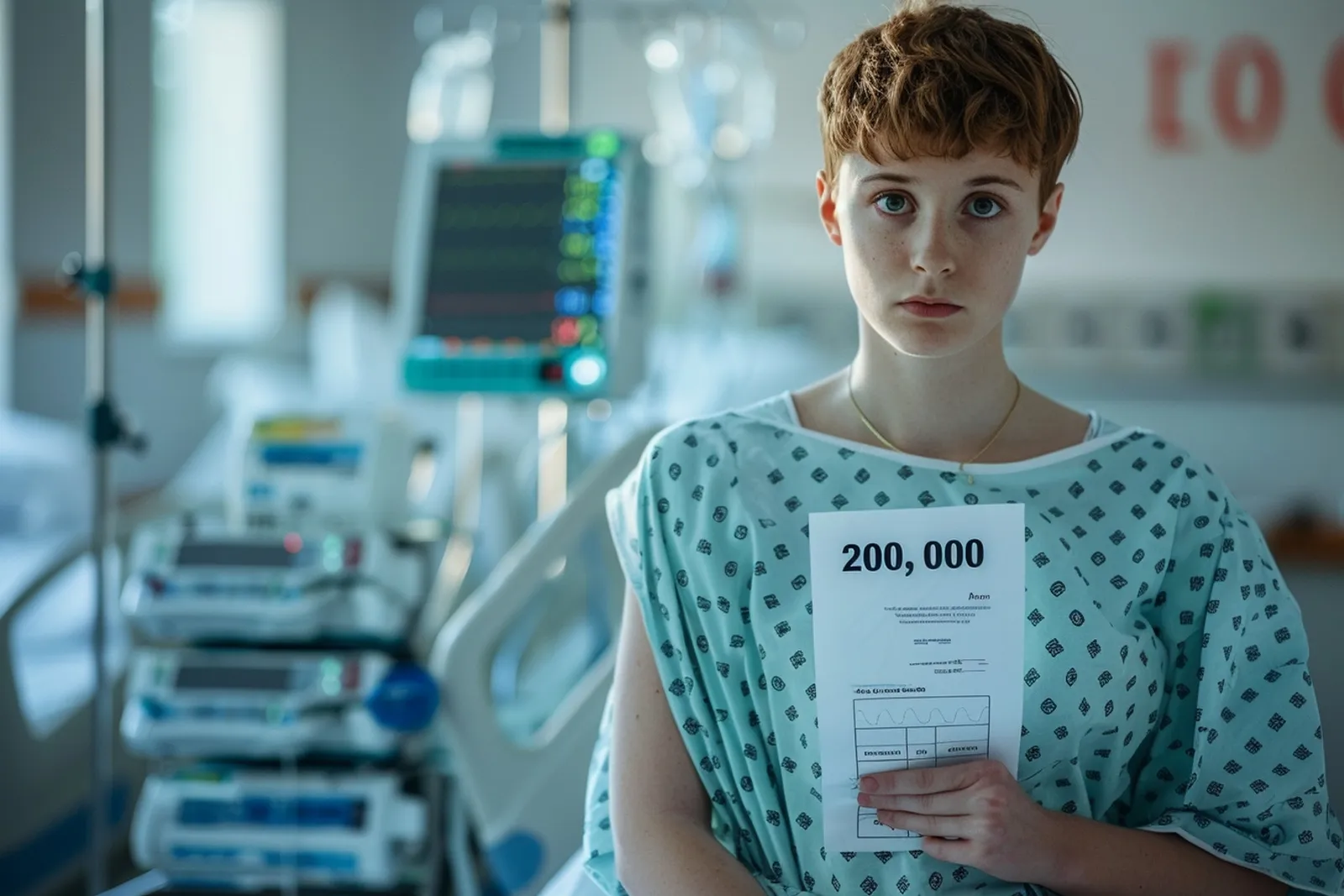 Une personne examine un devis d’opération et des documents de financement dans un cadre médical lumineux.