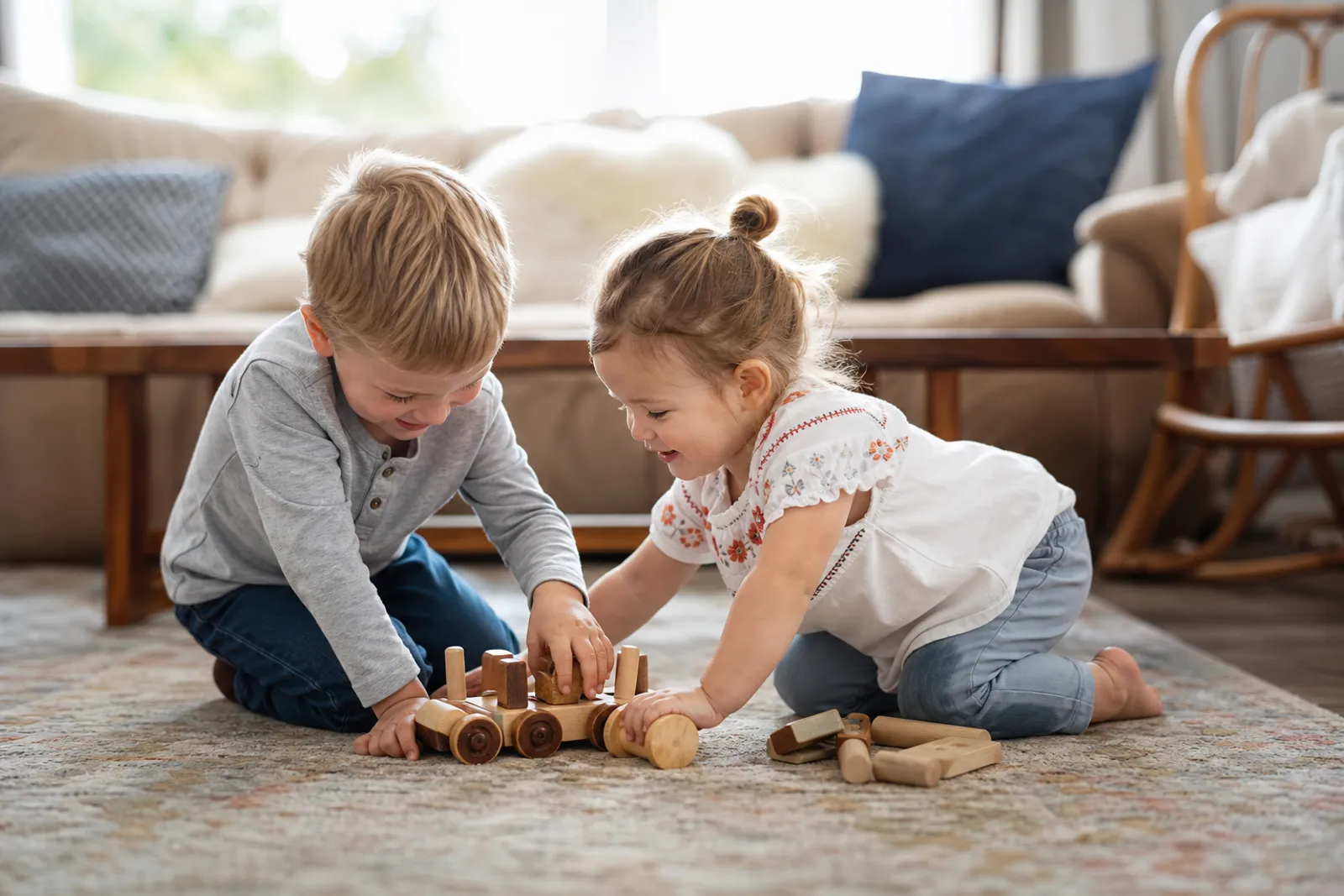 Deux enfants jouent ensemble sur un tapis dans un salon lumineux, ambiance familiale chaleureuse.