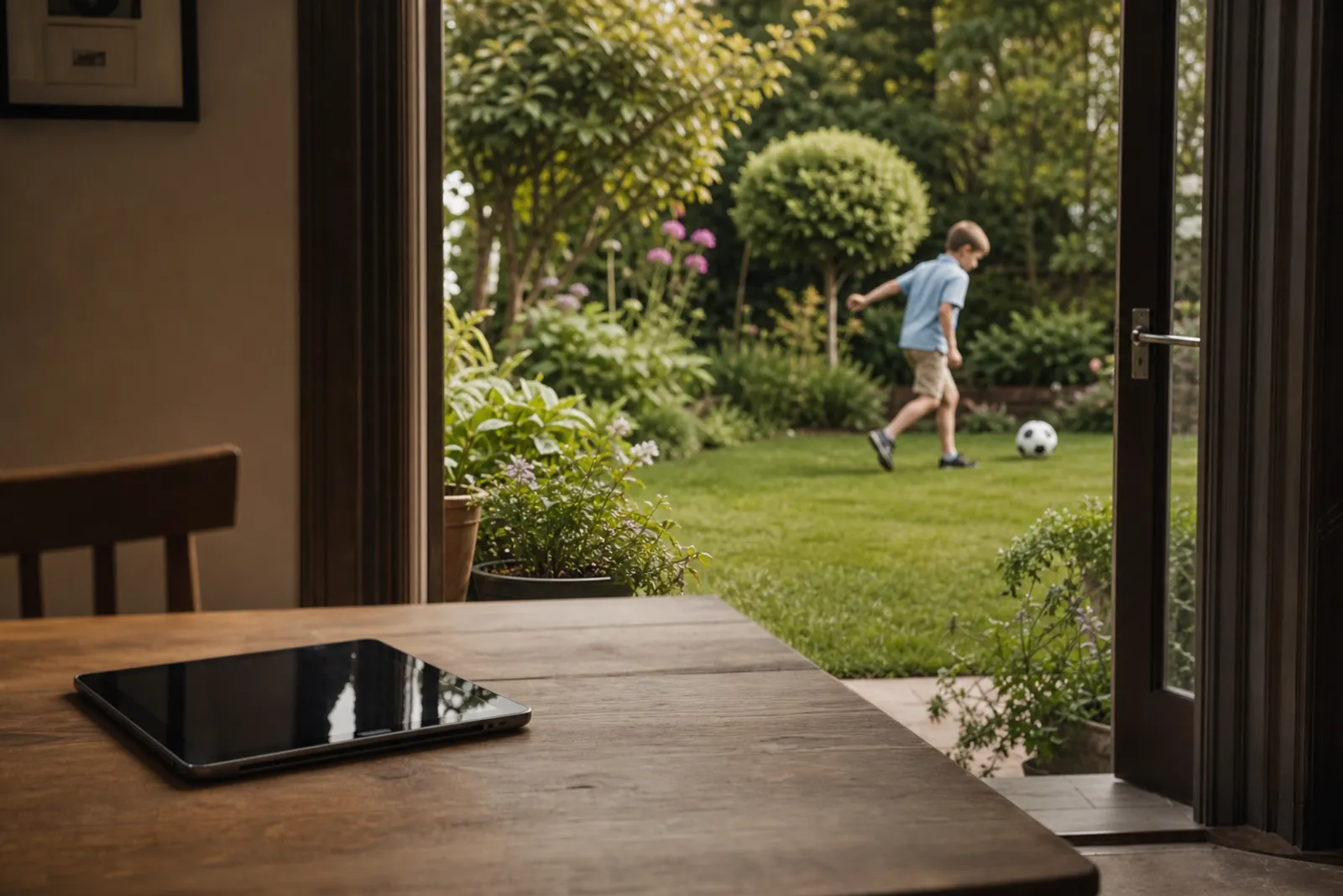Un enfant joue dehors pendant que sa tablette reste posée sur une table à l'intérieur, dans une ambiance familiale détendue.