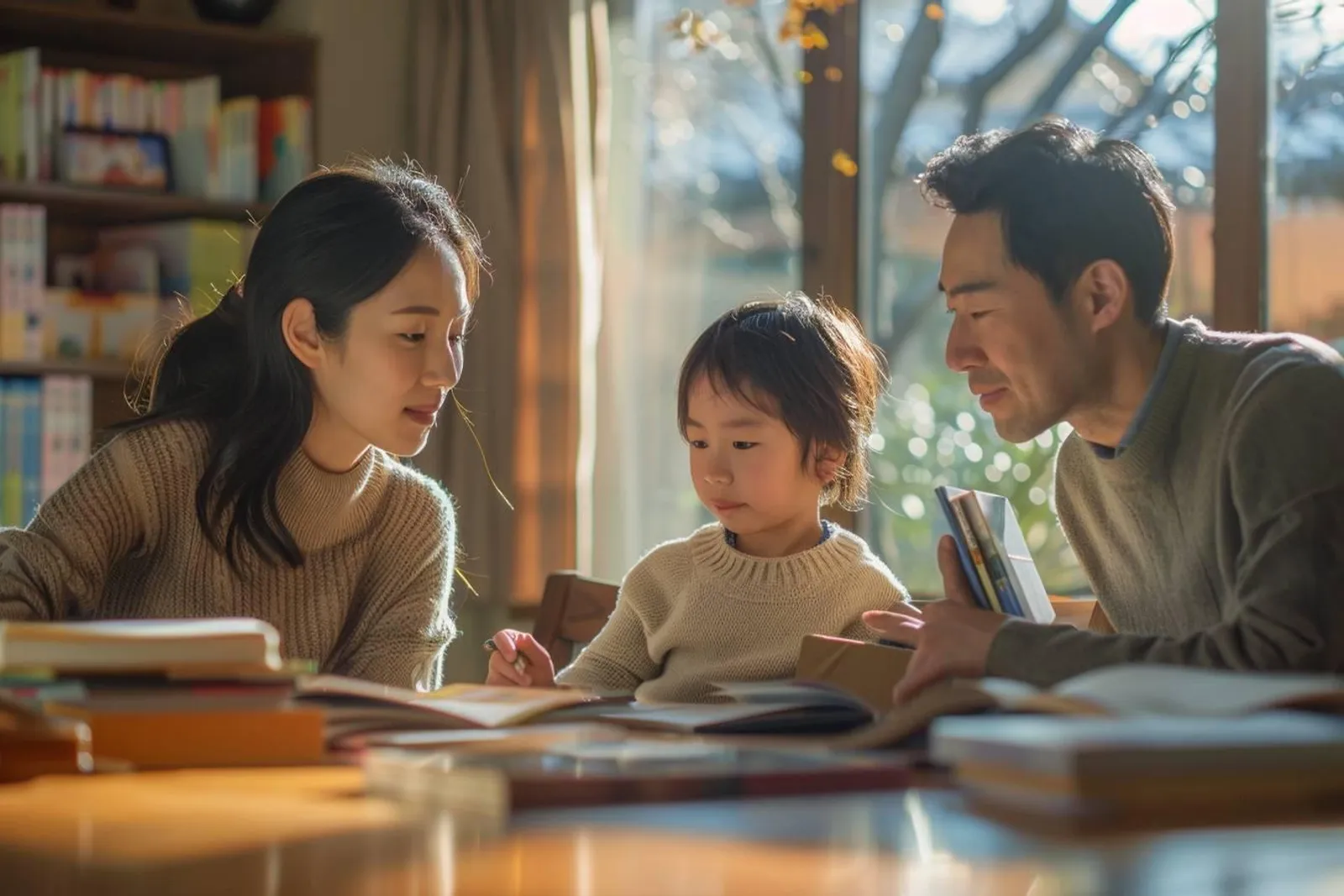 Un parent accompagne son enfant dans ses devoirs à une table bien rangée, dans un intérieur calme et lumineux.