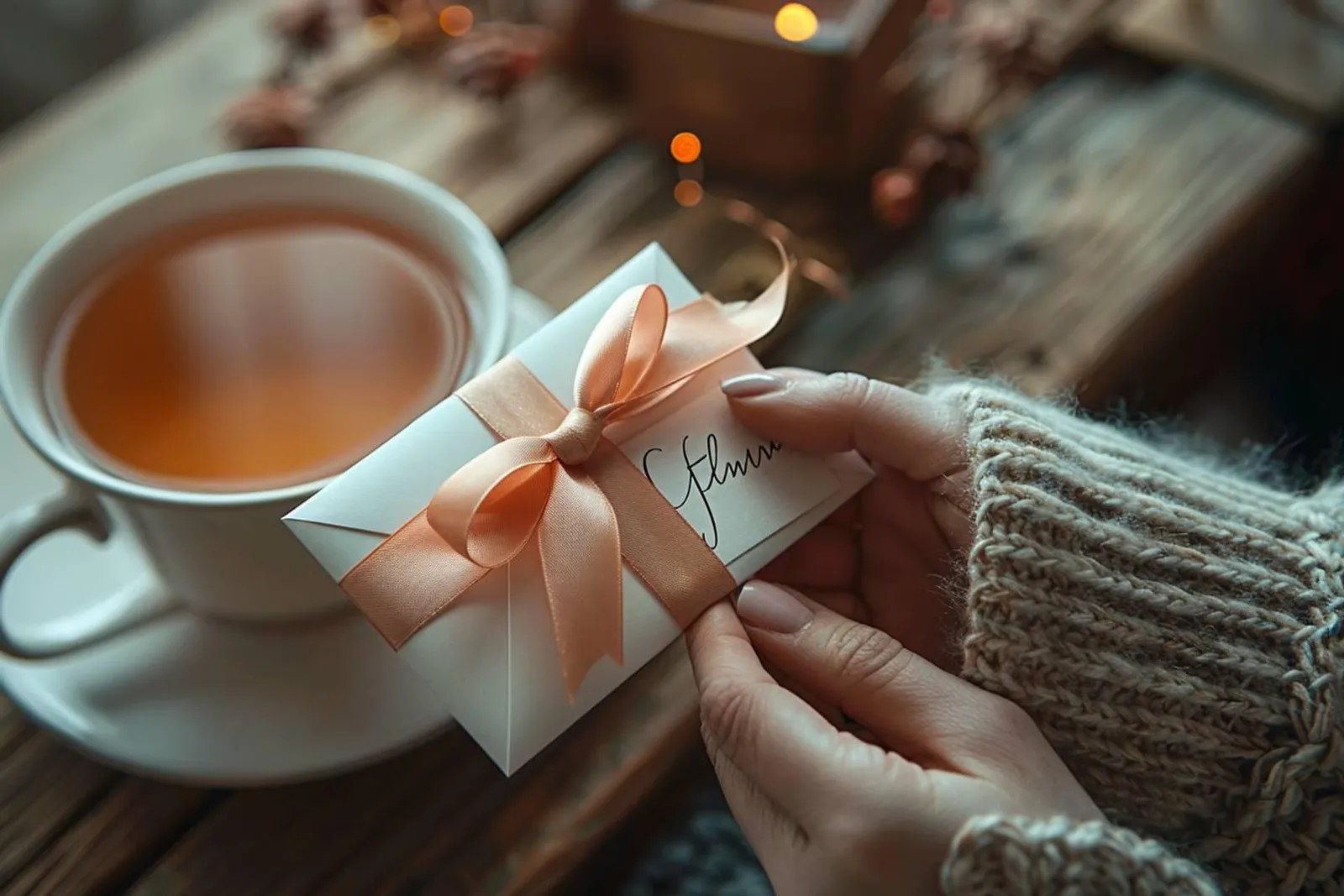Une personne rédige une note manuscrite à côté d’un bon cadeau soigneusement présenté sur une table lumineuse.
