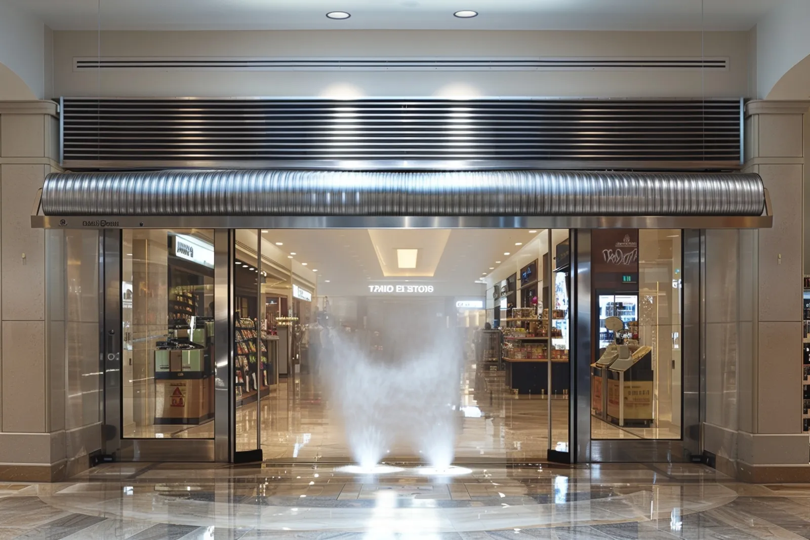 Un technicien règle un rideau d’air chaud au-dessus de l’entrée vitrée d’un commerce moderne.
