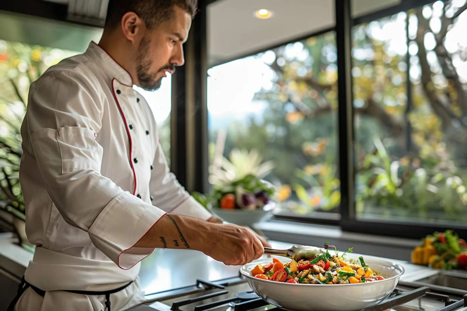 Un chef dresse une assiette de cuisine fusion moderne dans une cuisine contemporaine lumineuse.