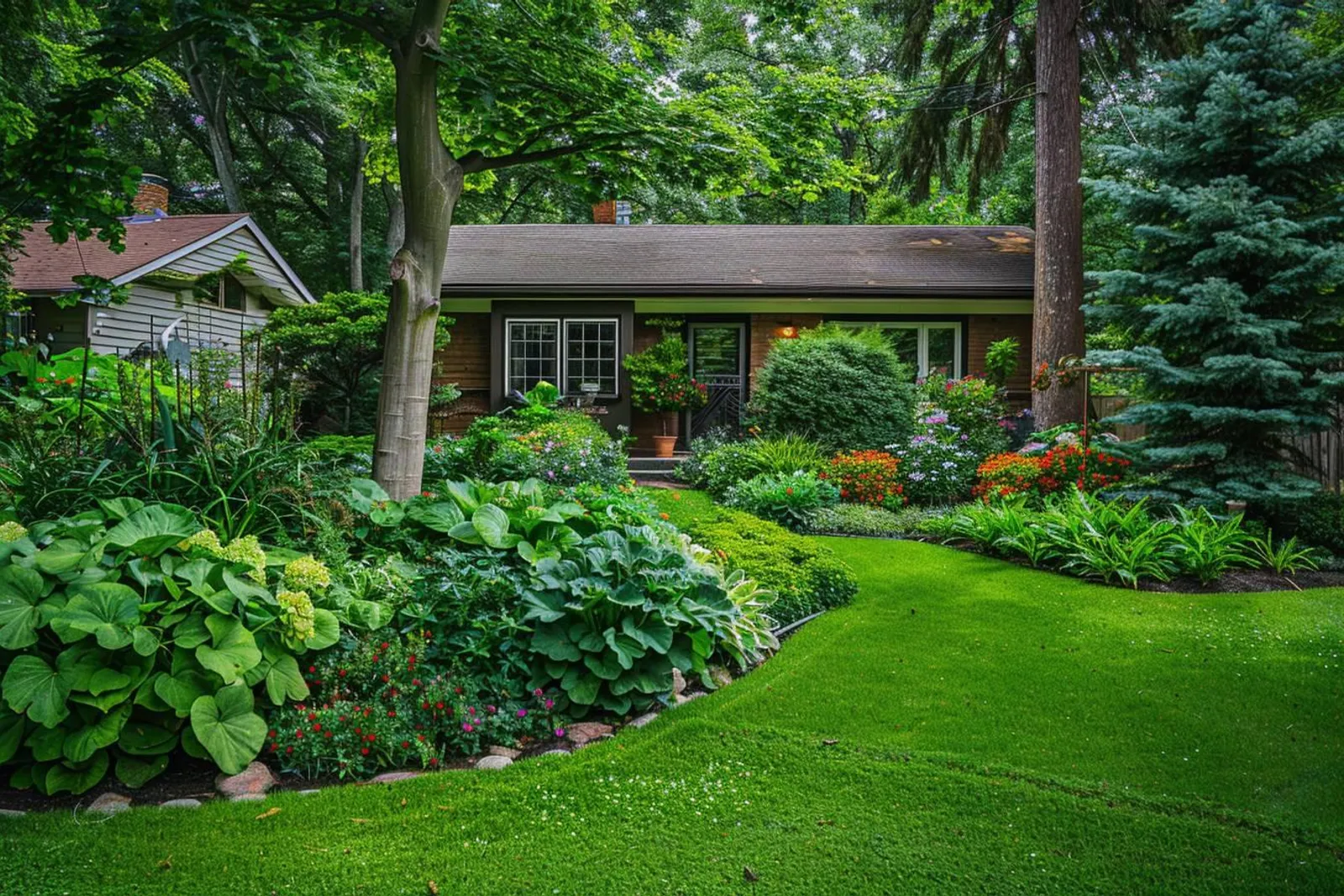Un jardin de maison après la pluie avec une pente douce, des plantations éloignées des murs et une bande drainante le long des fondations.
