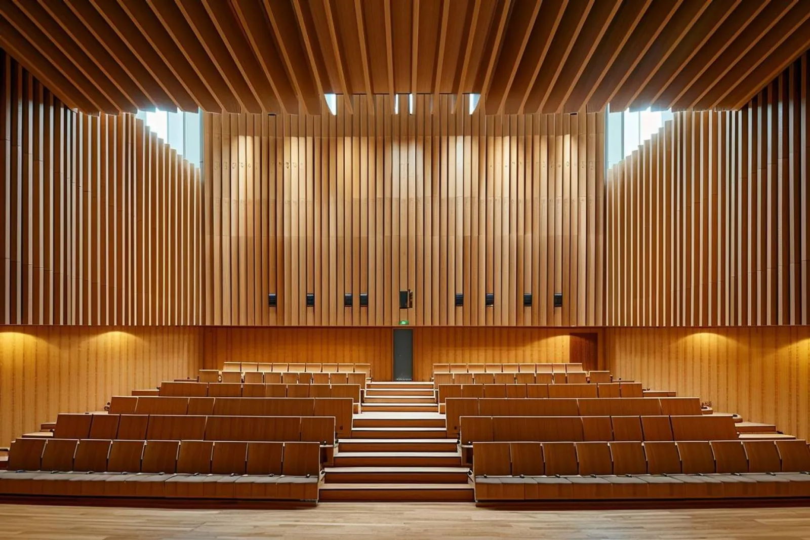 Intérieur d’un auditorium moderne avec des panneaux acoustiques en latte de bois sur les murs et le plafond.