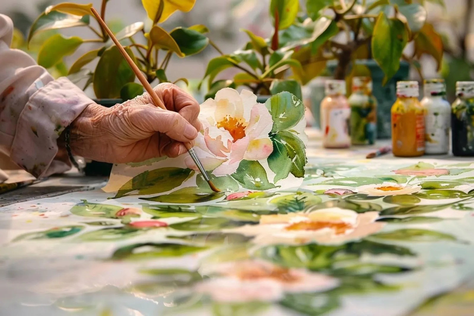 Une personne peint une fleur à l’aquarelle botanique sur un bureau lumineux, avec croquis, pinceaux et palette visibles.