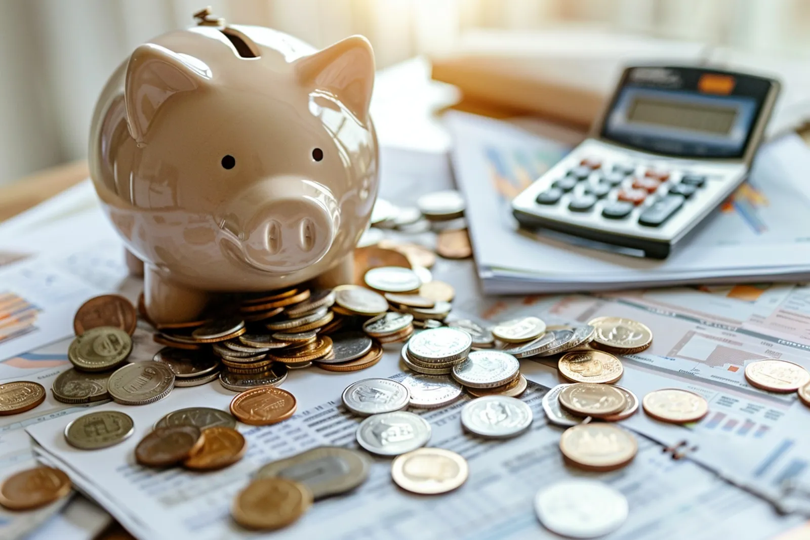 Une personne consulte son budget sur une table de cuisine avec des relevés, un carnet et une calculatrice.