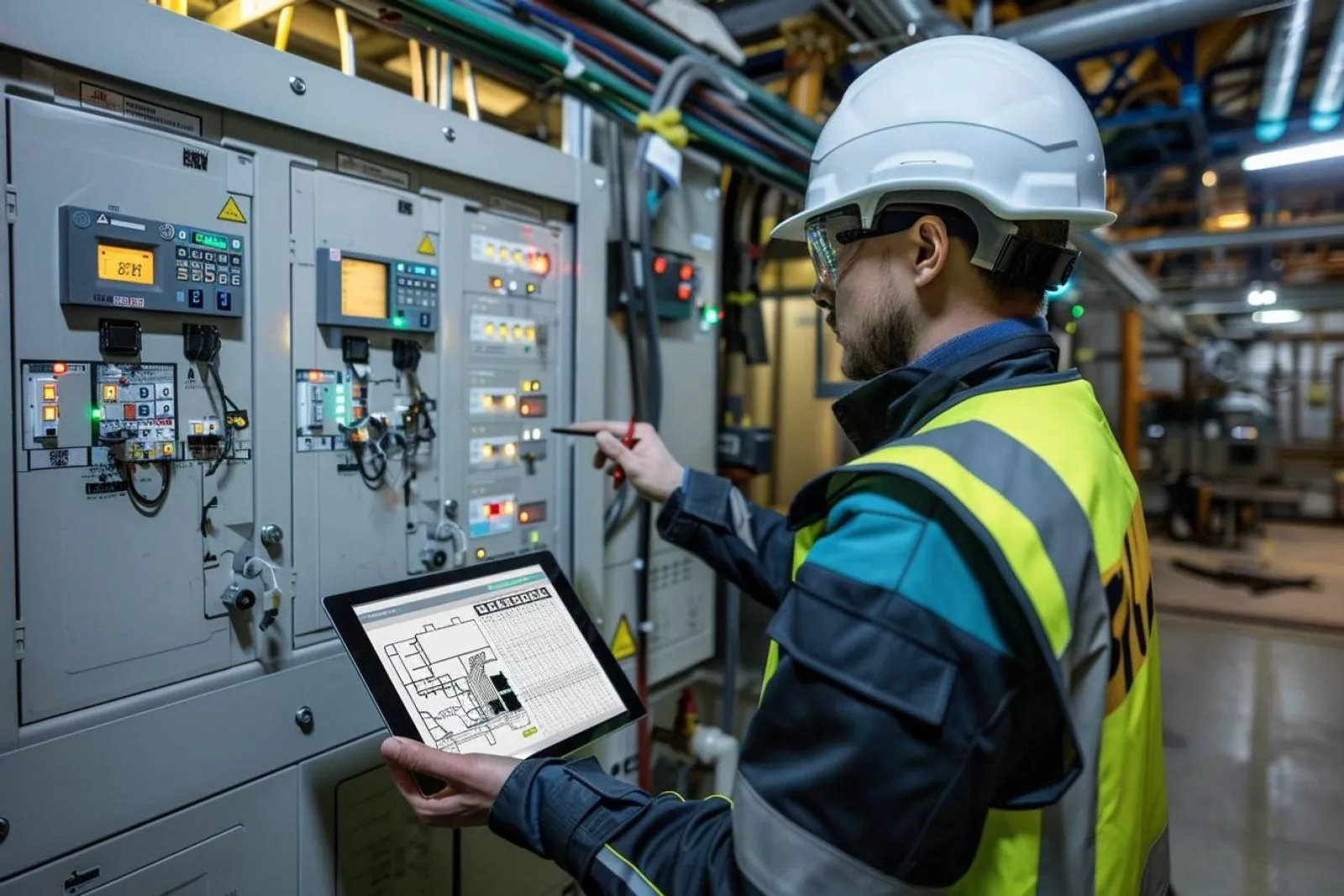 Un électricien inspecte un tableau électrique domestique moderne avec des disjoncteurs bien repérés.