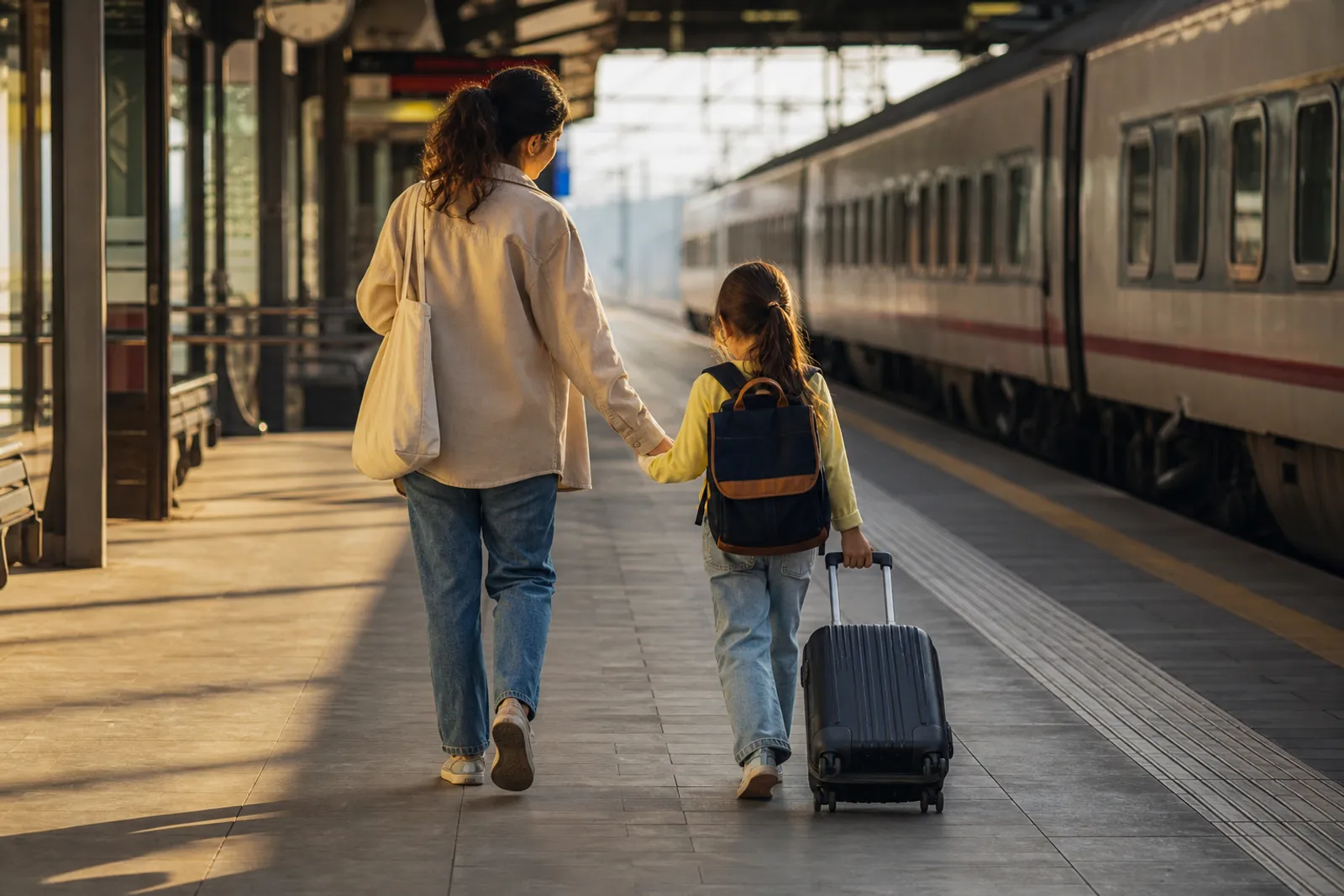 Un enfant avec un sac à dos et une valise à roulettes, accompagné d'un parent, dans une ambiance calme évoquant un trajet familial.